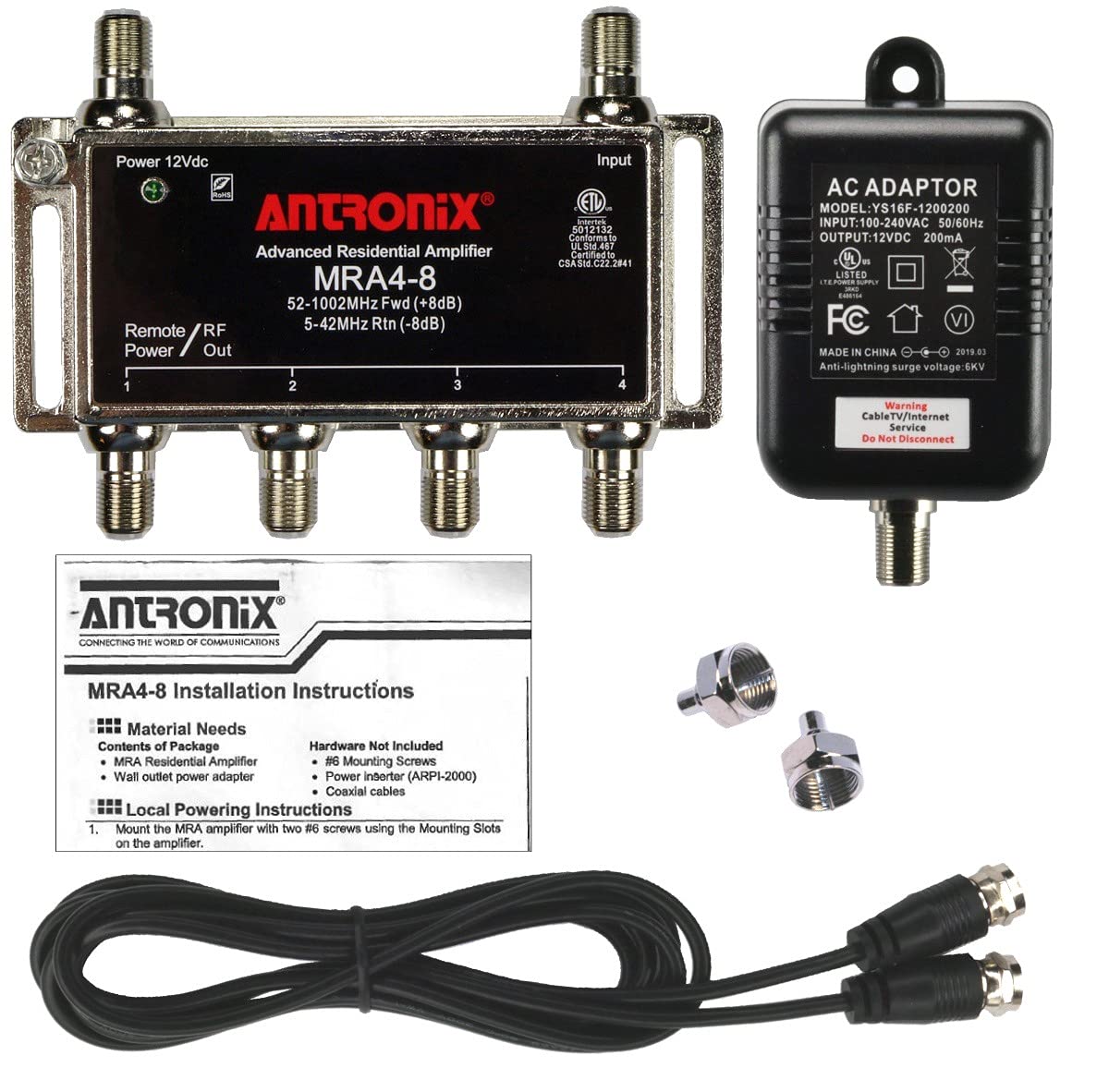 Antronix MRA48 Reliable Cable 4Port TV/Antenna/HDTV/Internet Digital Signal Amplifier/Booster/Splitter with Passive Return, Bl