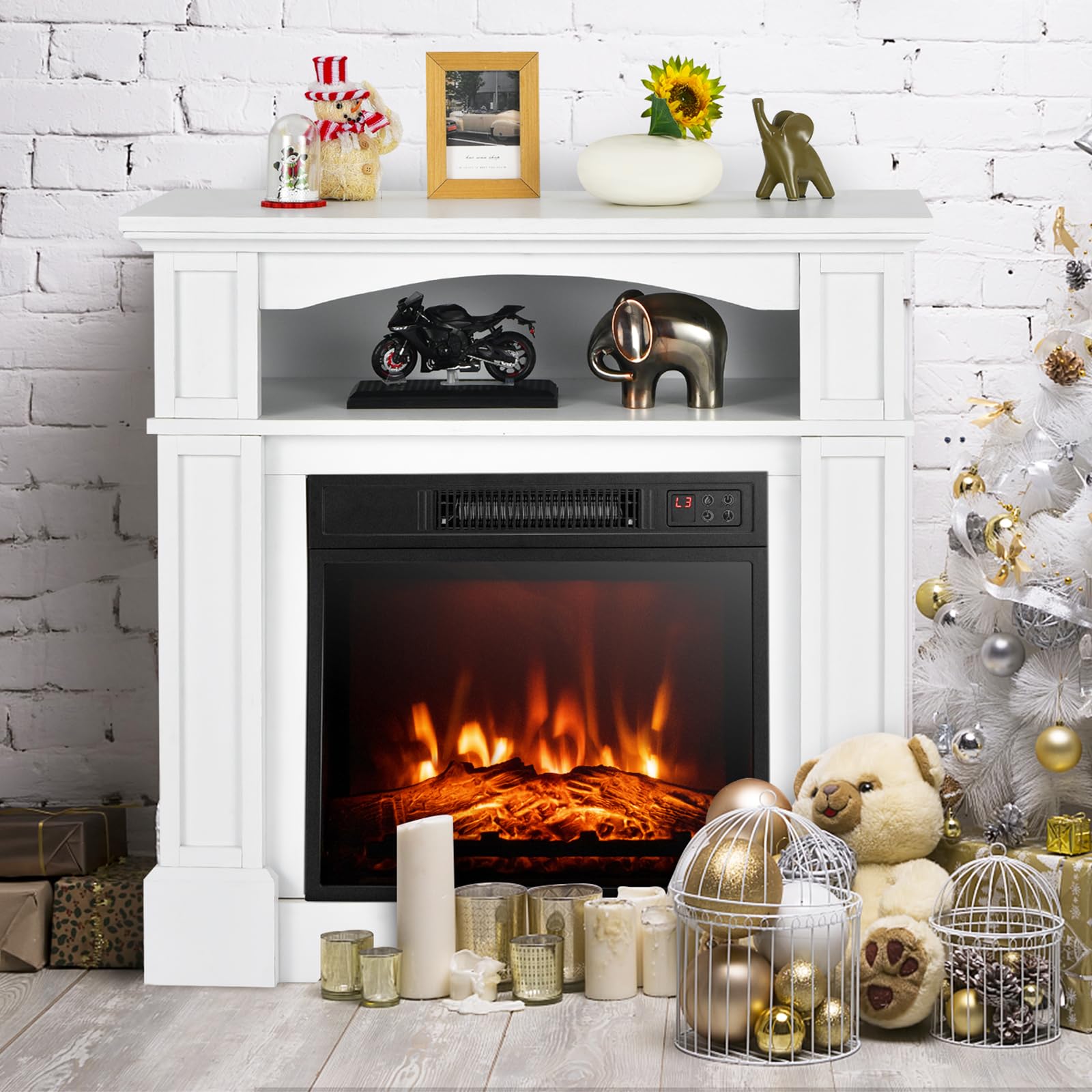 Oralner 32    Electric Fireplace With Mantel, Package Wooden Firebox Surround Freestanding Fireplace Insert Heater W/ 3 Flame Ef