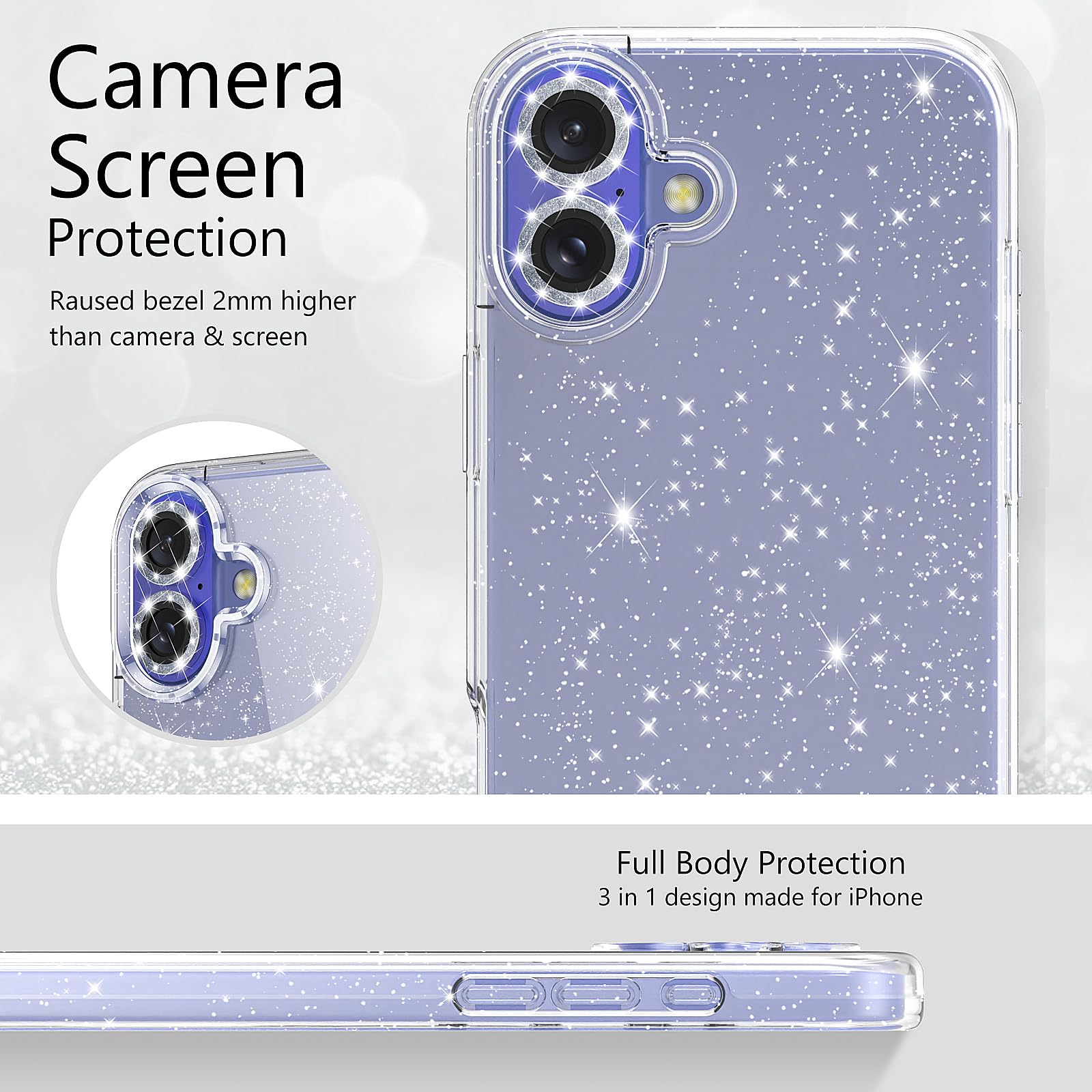 Jasmeas Glitter Case For Iphone 16 Plus, With [2 Pack] Screen Protector & [2 Pack] Camera Lens Protector Sparkle Pc Hard Soft Tp