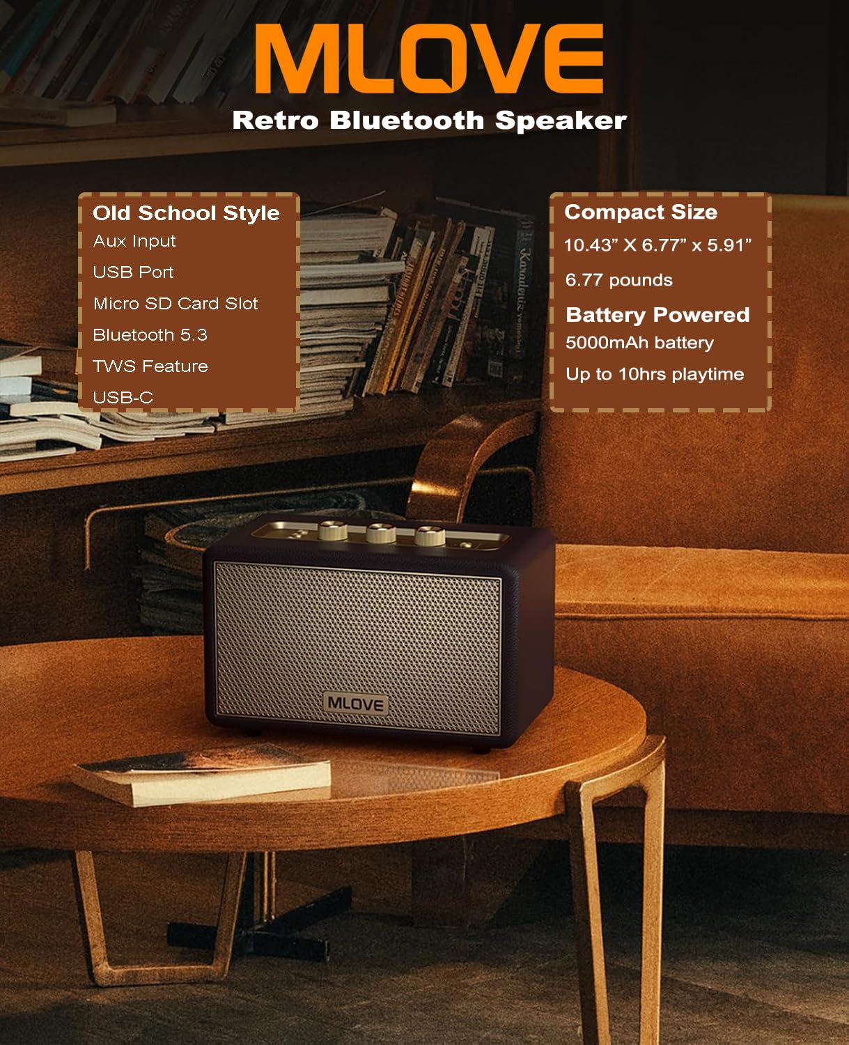 Mlove A200 Portable Retro Bluetooth Speaker With Aux Input, Usb Port, Micro Sd Card Slot - Decorative Wireless Bookshelf Speaker