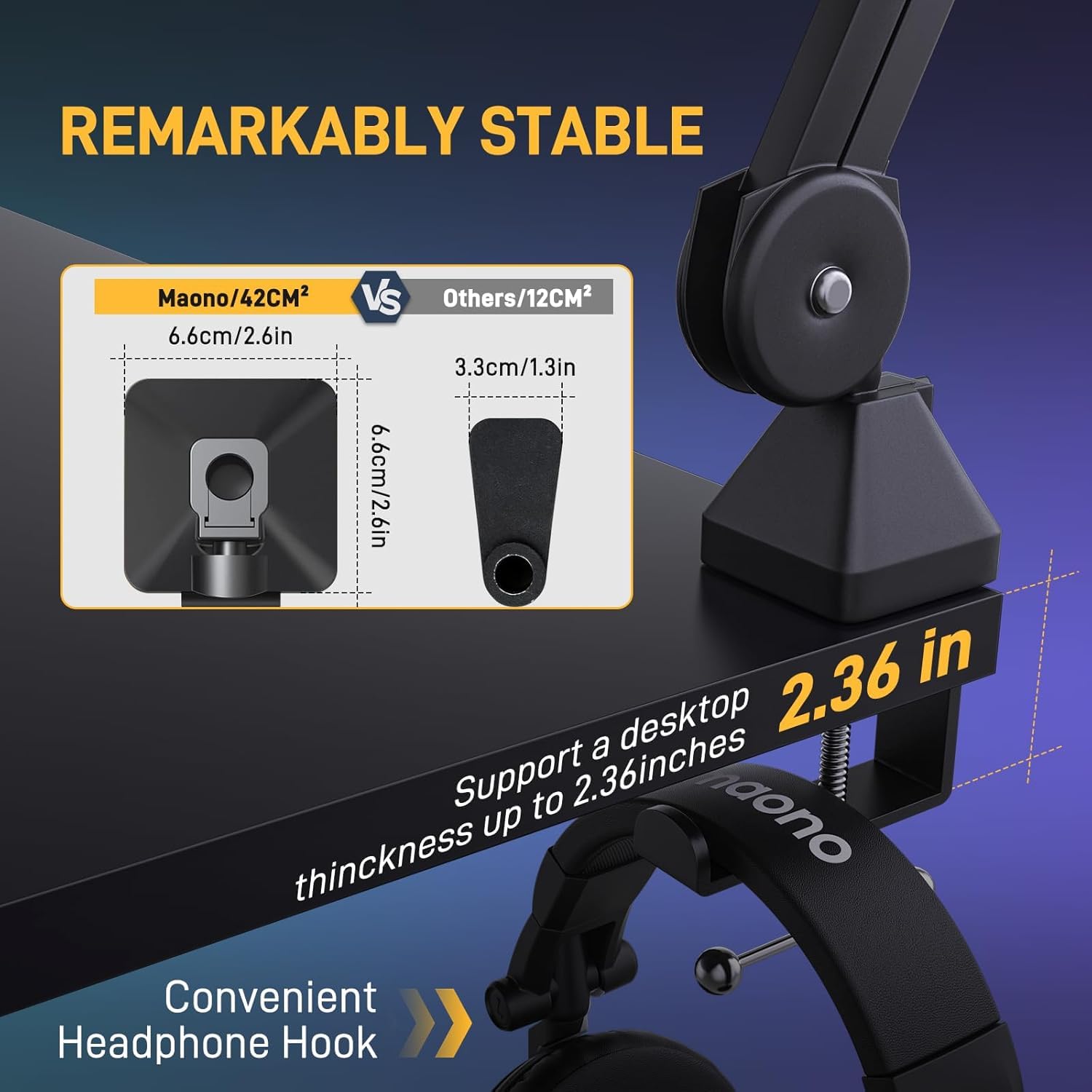 Maono Microphone Boom Arm: Heavy Duty Adjustable Metal Suspension Mic Stand With Upgraded Desk Clamp And 3/8 To 5/8 Screw Adapte