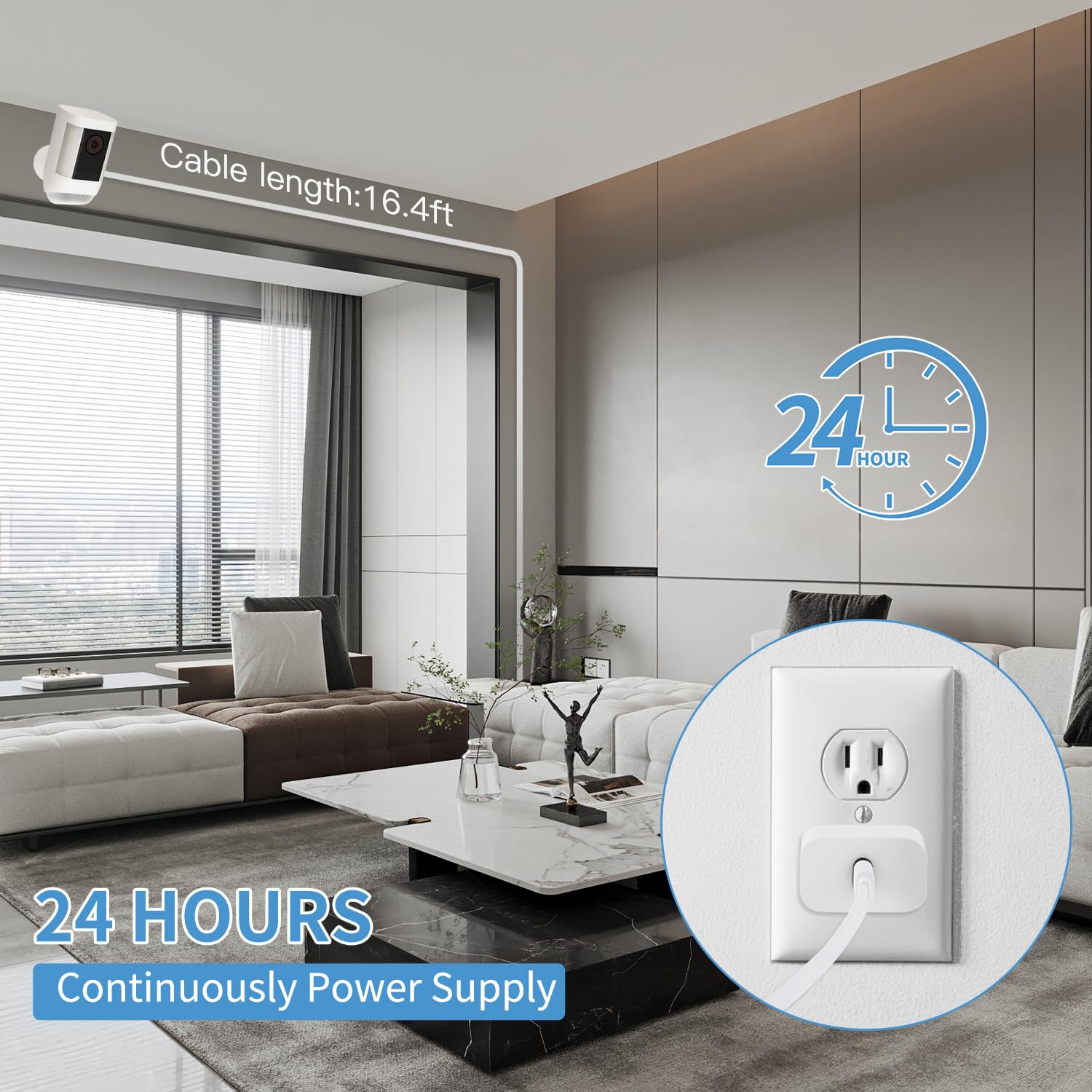 Alertcam 25Ft/7.5M Weatherproof Charger Cable For Ring Spotlight Cam Plus/Pro(Battery), Ring Stick Up Cam Pro(Battery), With Pow