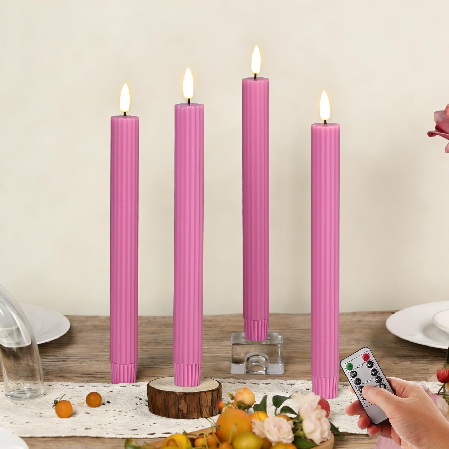 Girimax Hot Pink Ribbed Fluted Flameless Taper Candles with Remote, Flickering Battery LED Wax Candlesticks Wedding Home Decor S
