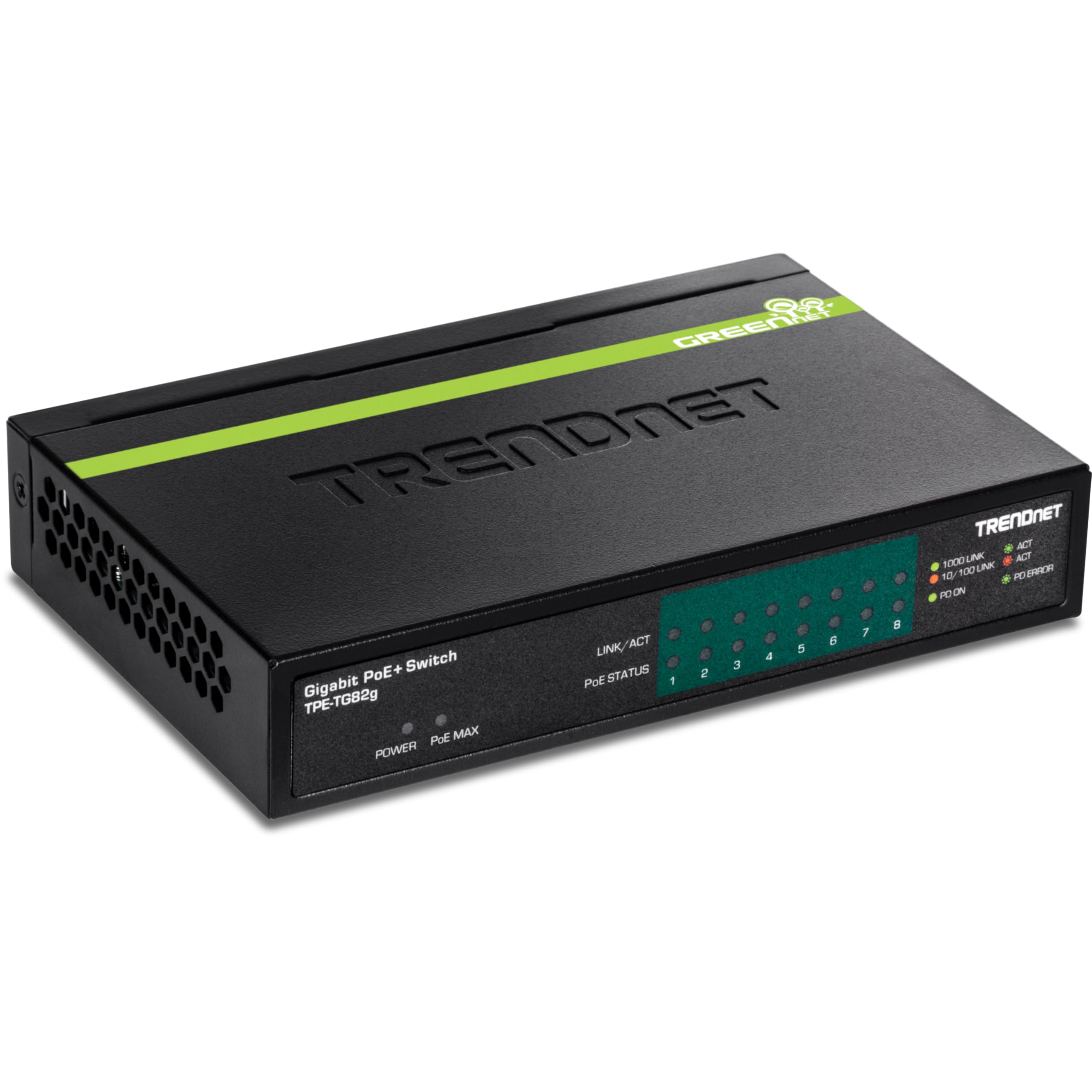 TRENDnet 8-Port GREENnet Gigabit PoE+ Switch, Supports PoE and PoE+ Devices, 61W PoE Budget, 16Gbps Switching Capacity, Data & P