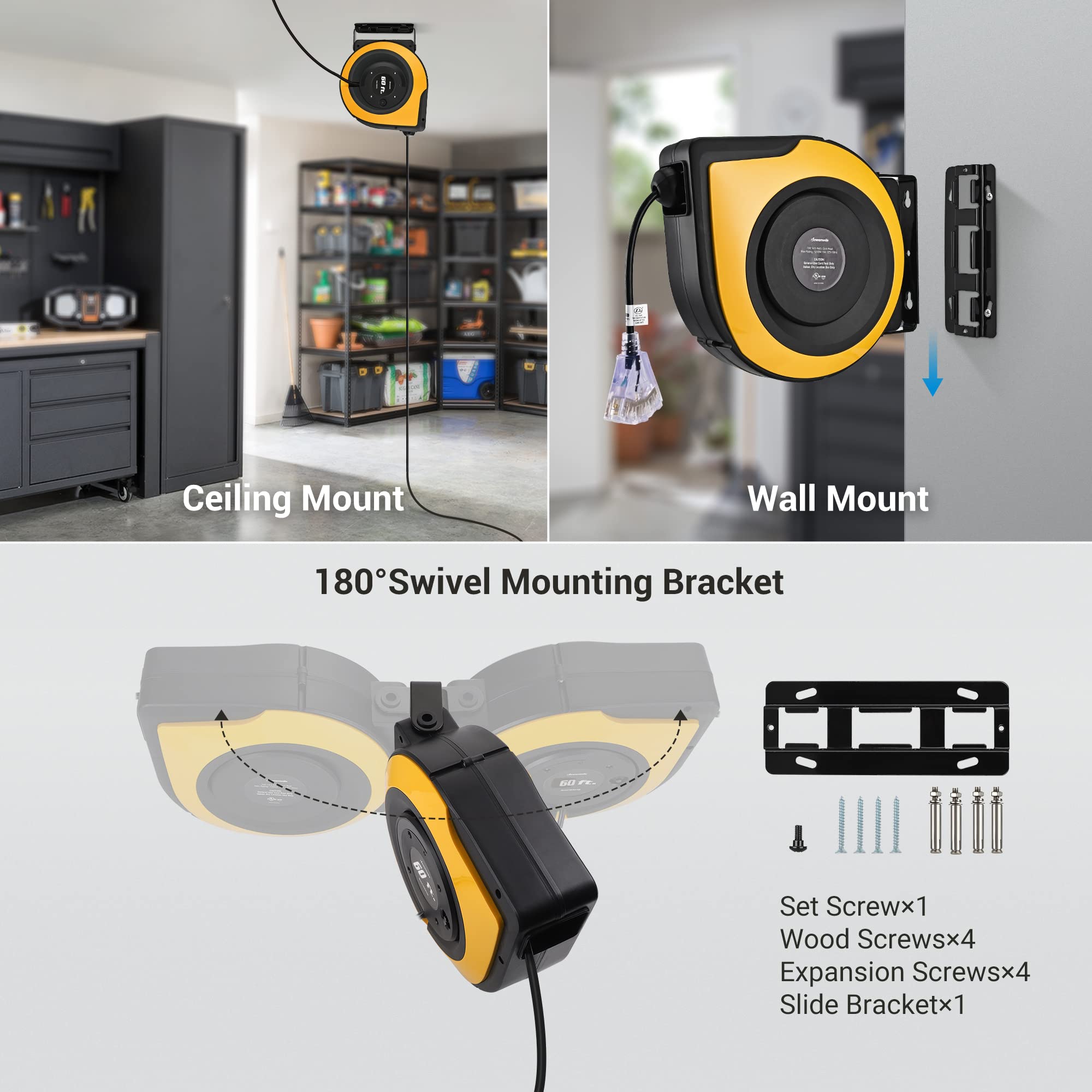 Dewenwils Retractable Cord Reel, 60 Ft Heavy Duty Extension Cord, 12Awg/3C Sjtow, 3 Grounded Outlets Lighted Triple Tap, 15A Cir