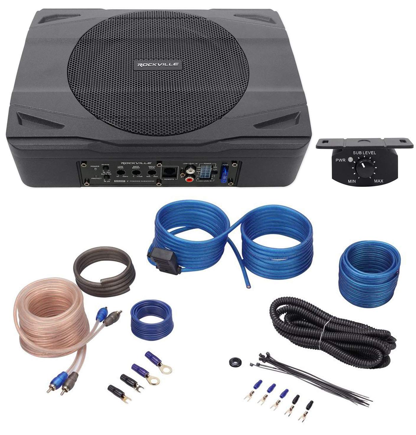 Rockville Ss8P 400 Watt Slim Under Seat Powered Car/Truck Subwoofer Sub+Amp Kit Black