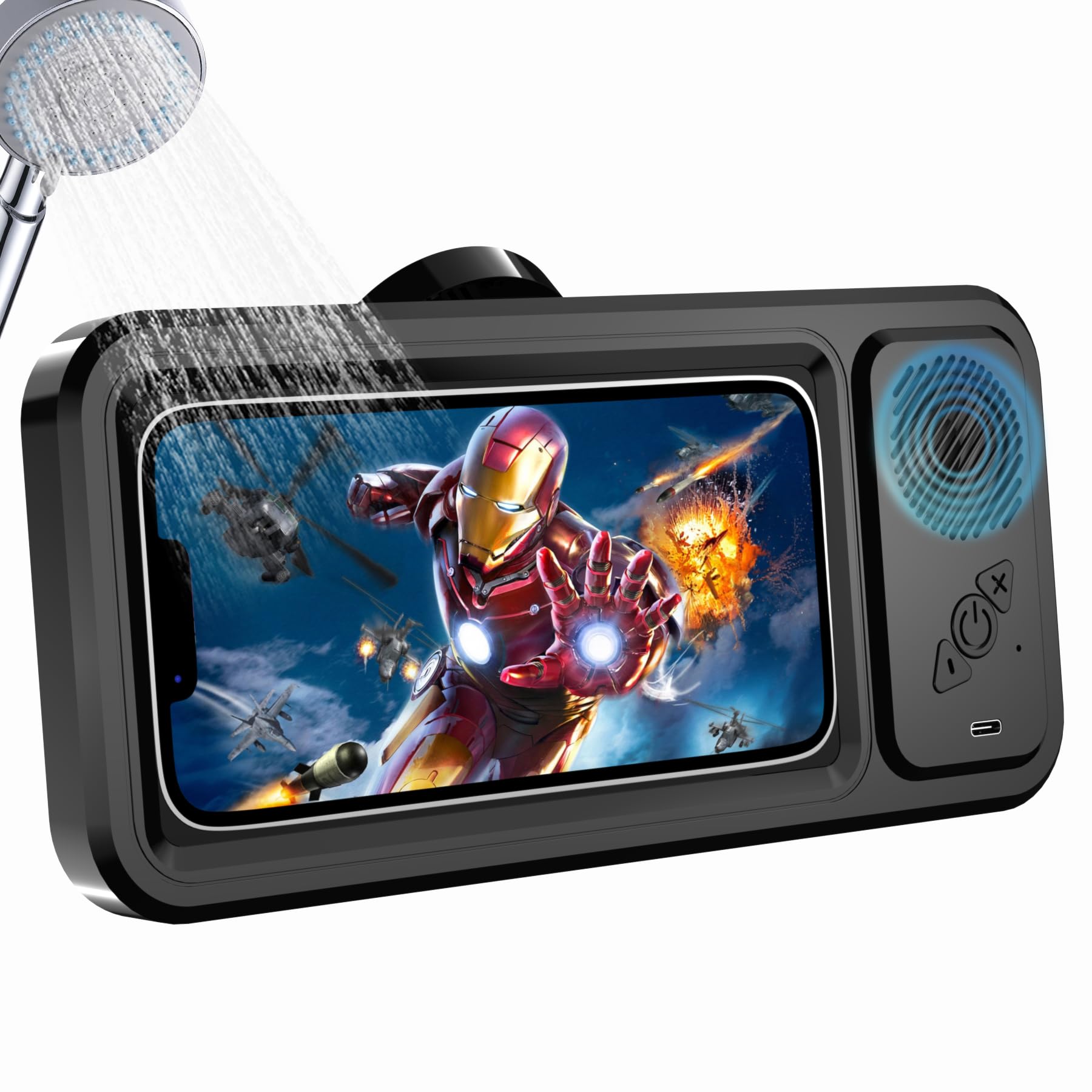 Shower Phone Holder with Wireless Bluetooth Speaker, Waterproof 480 Rotation Viewable Shower Phone Stand Case Mount Speakers for