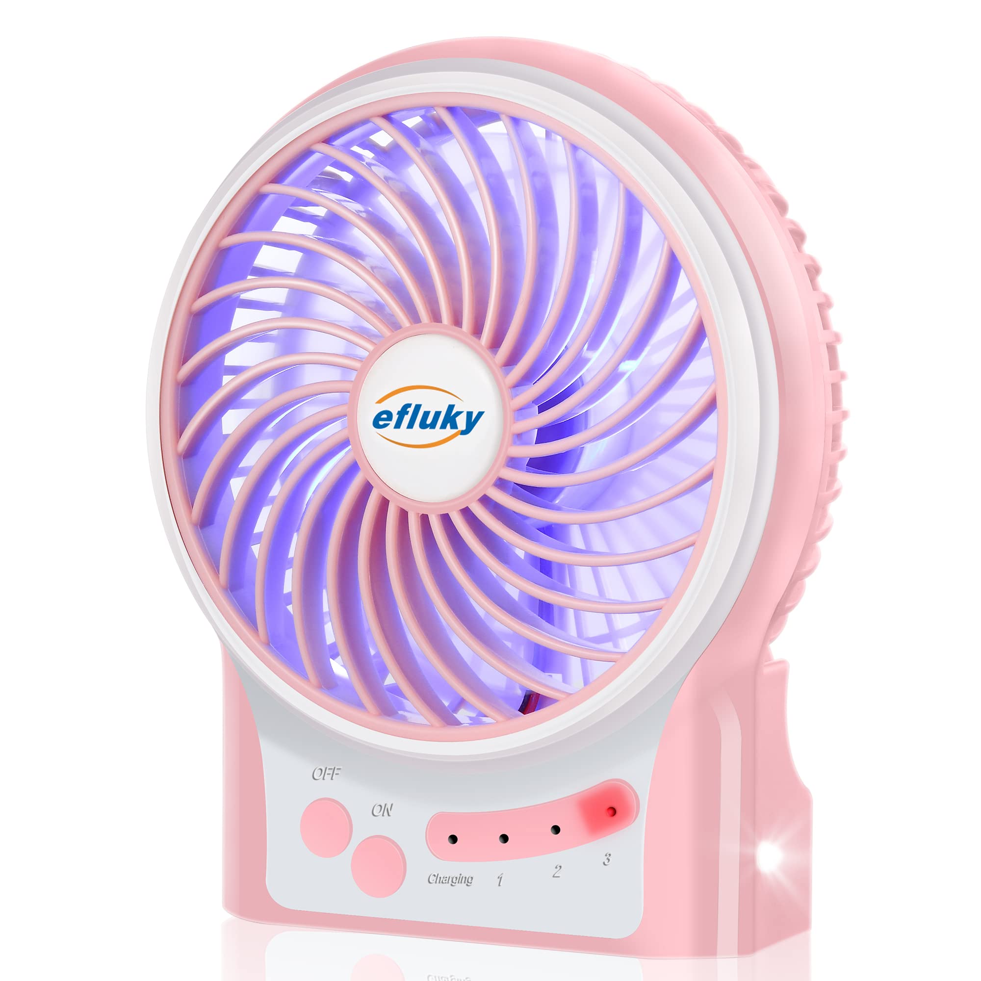 Efluky 3 Speeds Mini Desk Fan, Rechargeable Battery Operated Fan With Led Light, Portable Usb Fan Quiet For Home, Office, Travel
