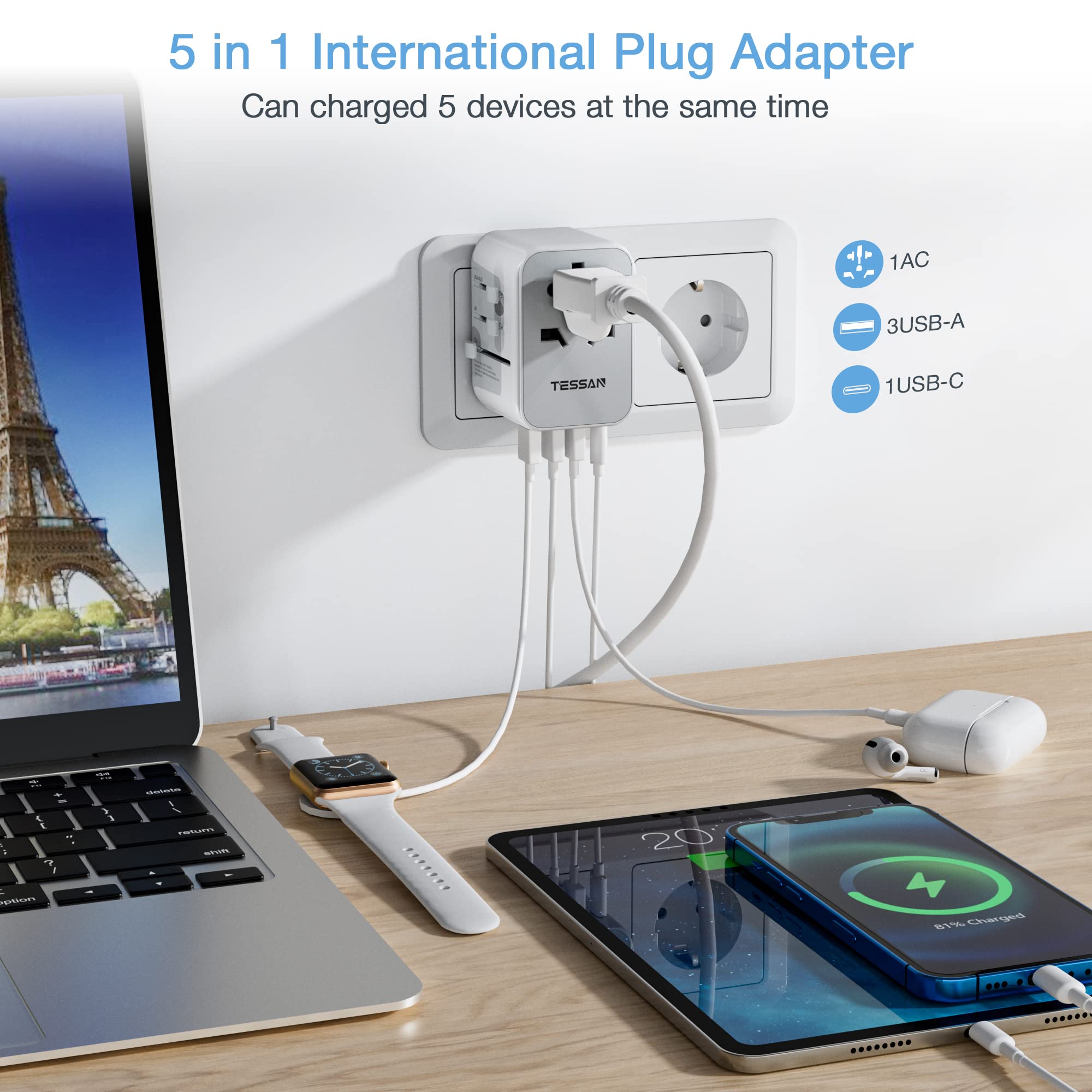 Tessan Universal Travel Adapter, International Power Adapter With 4 Usb Ports (1 Usb C), Worldwide Plug Adaptor Wall Charger For