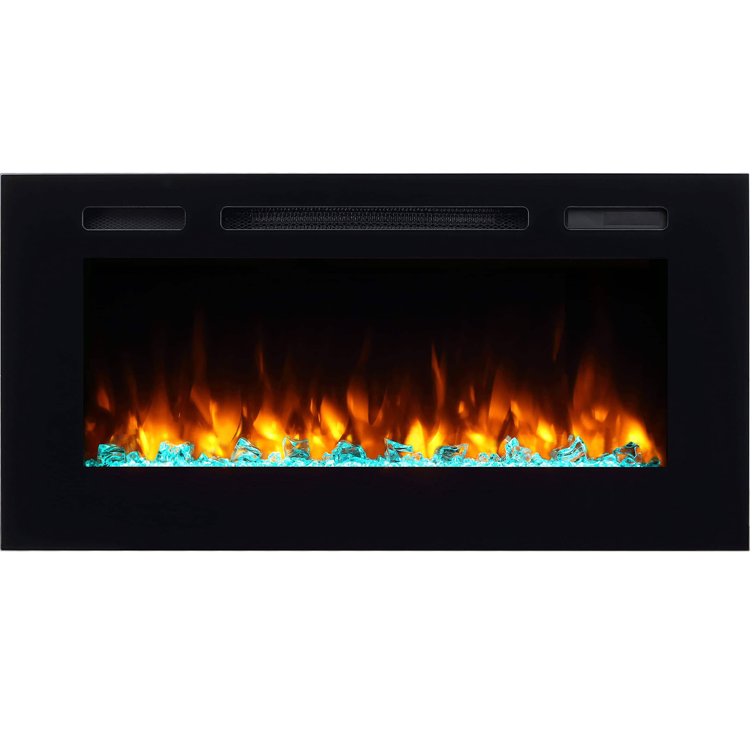 Puraflame Alice 40 Inches Recessed Electric Fireplace, Flush Mounted For 2 X 6 Stud, Log Set & Crystal, 1500W Heater, Black