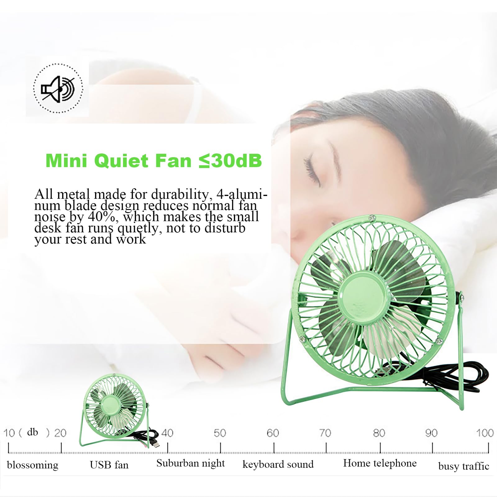 Sokelinn Six 4 Inch Small Usb Desk Fan, Metal Mini Quiet Personal Cooling Fan For Home Office Car Travel (Green)