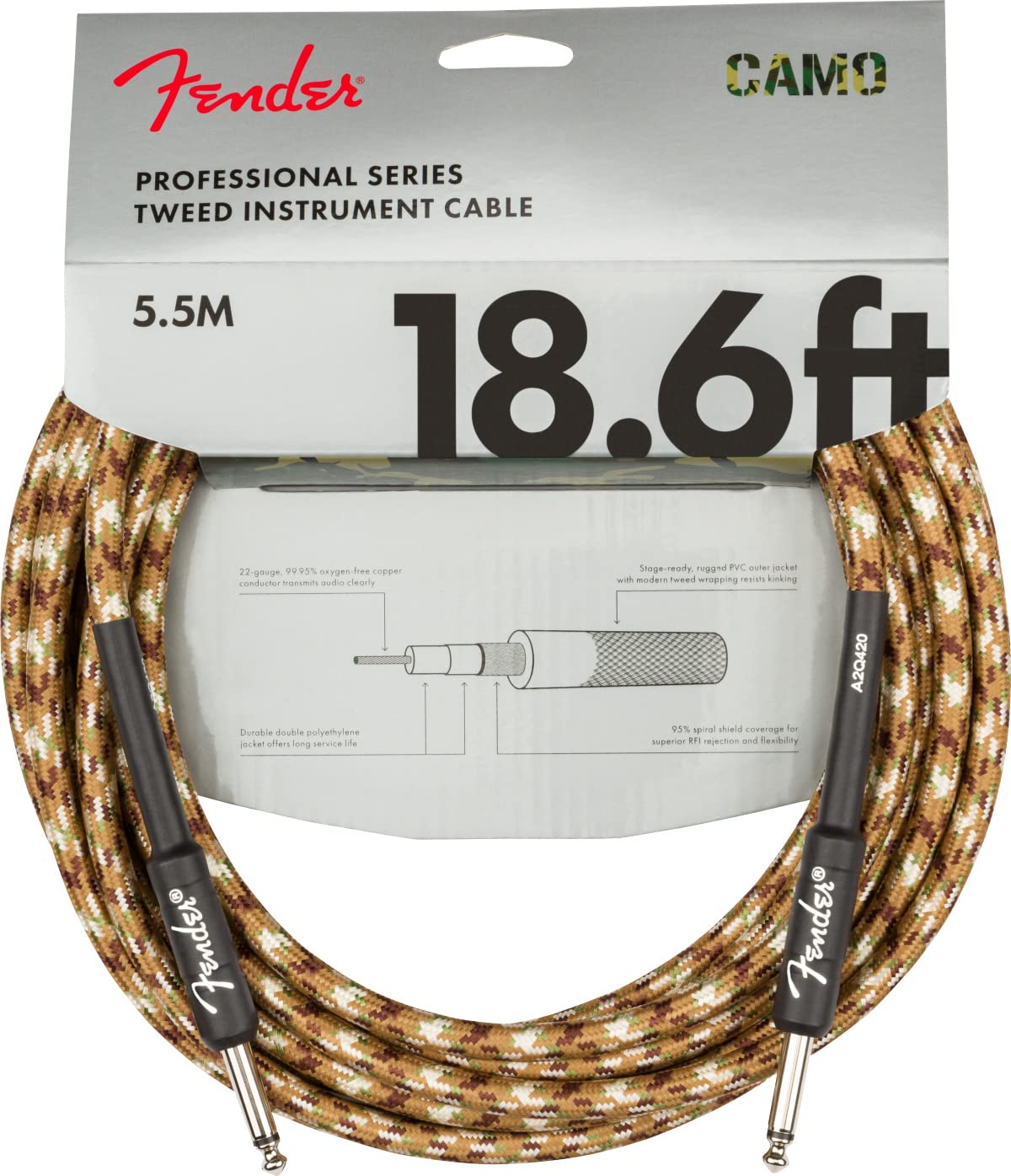 Fender 18.6 Foot Professional Tweed Instrument Cable, Straight Straight, Desert Camo   1 Pack