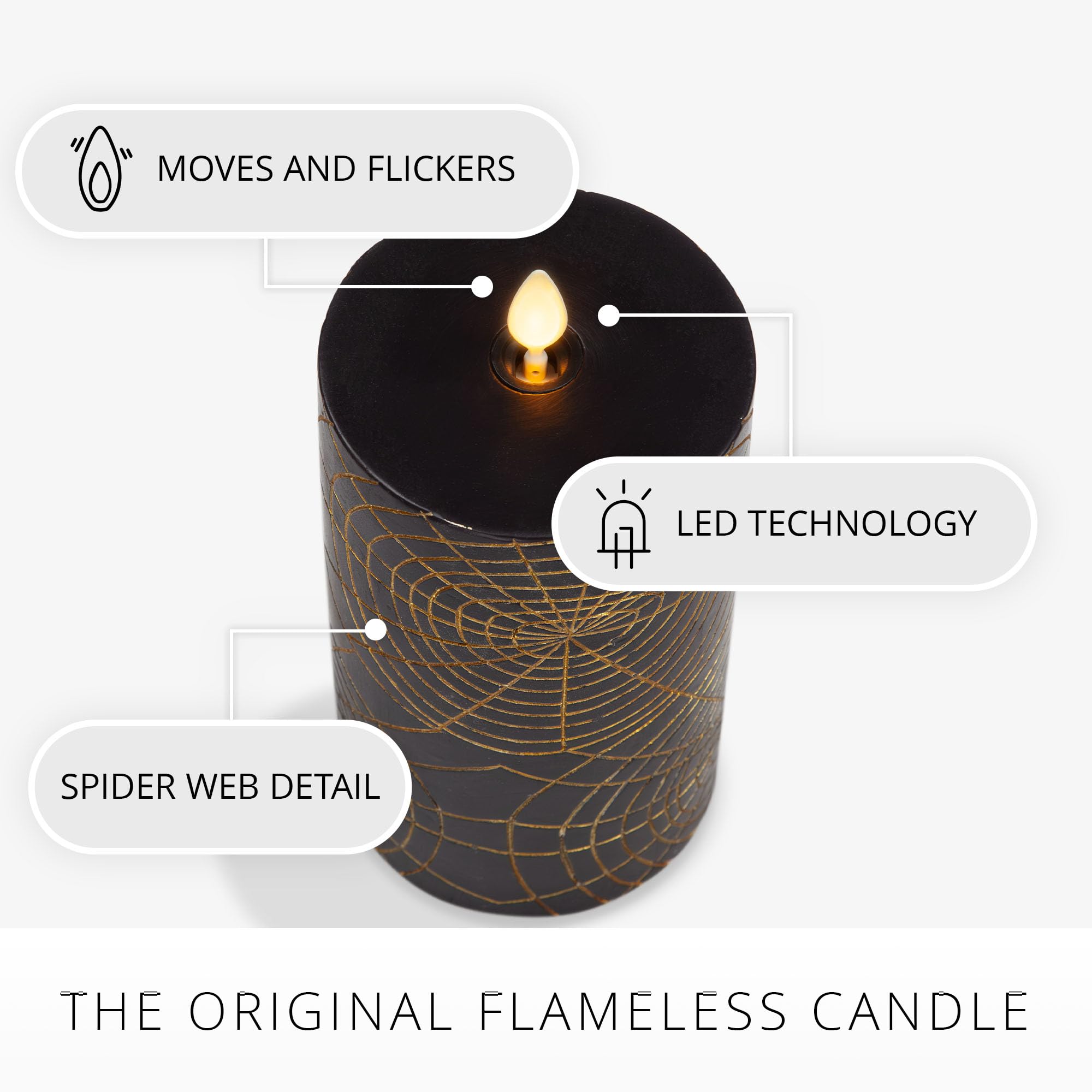 Luminara Black And Gold Spider Web Flameless Led Candle, Flat Top Moving Flame Pillar, Real Unscented Wax And Timer (3'' X 6.5''