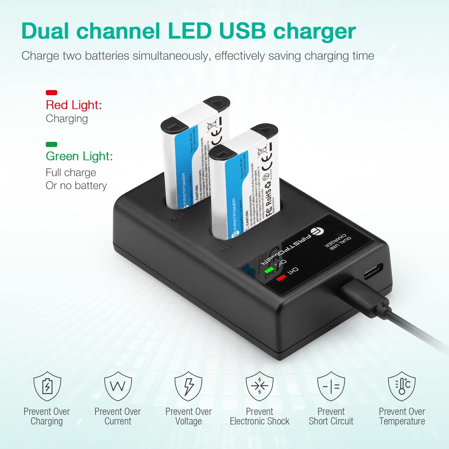 FirstPower NP-BX1 Battery 2-Pack Dual USB Charger Black for Sony ZV-1, Cyber-shot DSC-RX100 Series Cameras