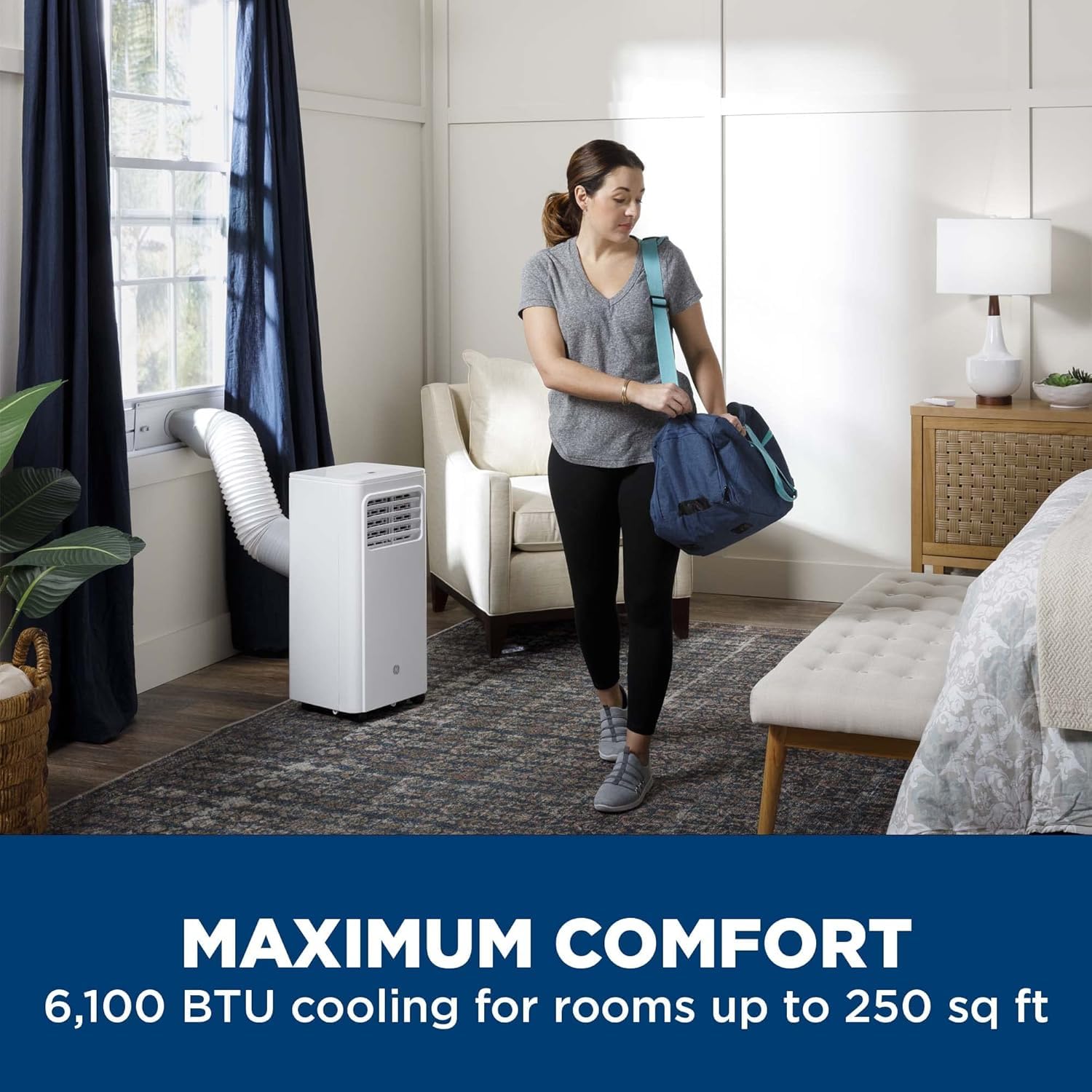 Ge 6,000 Btu Doe Portable Air Conditioner For Small Rooms Up To 250 Sq. Ft., Digital Controls, Remote Control, Perfect For Bedro