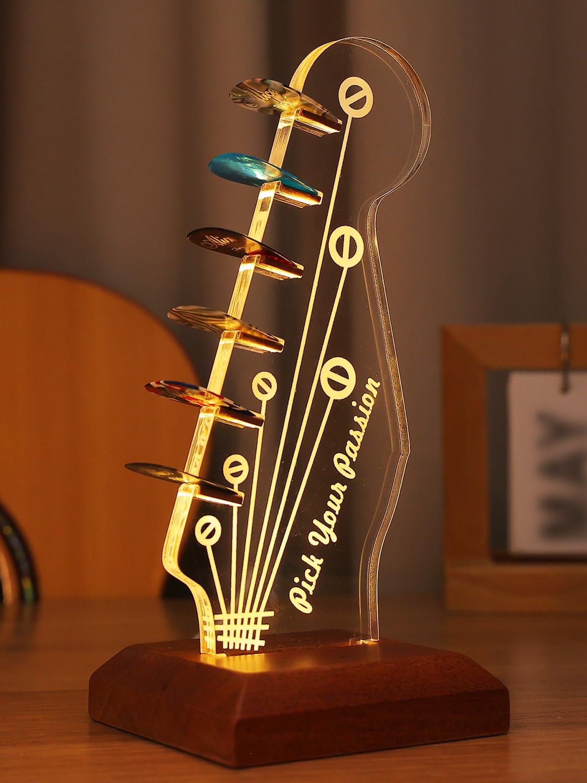 Coolgift Mart Light Up Guitar Pick Holder, Acrylic Electric Guitar Headstock Shaped Pick Holder With Wooden Base For Picks Stora