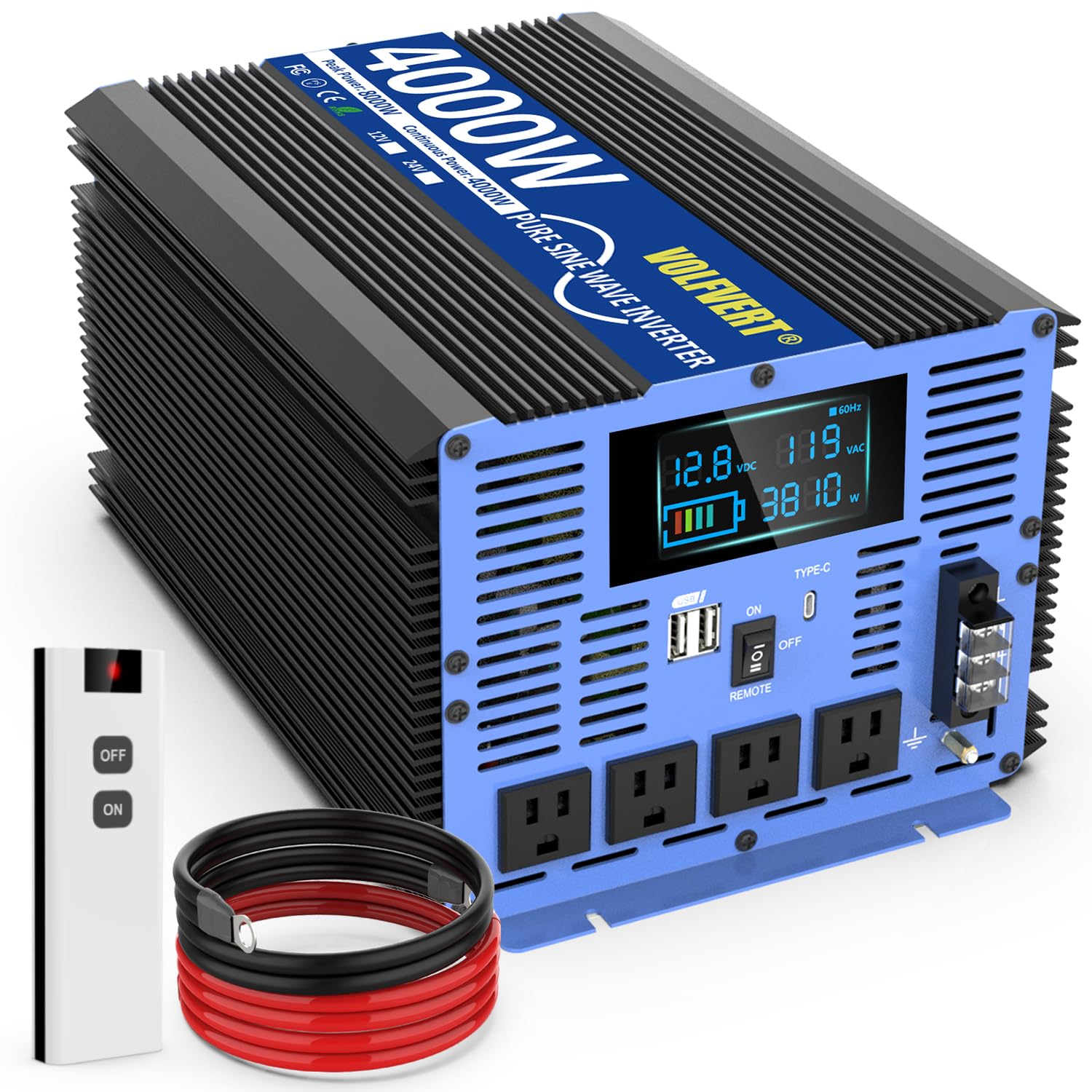 4000W Pure Sine Wave Power Inverters DC 12V to AC 110V 120V with Type-C 4 AC Outlets Dual USB Ports Terminal Blocks LCD Display 