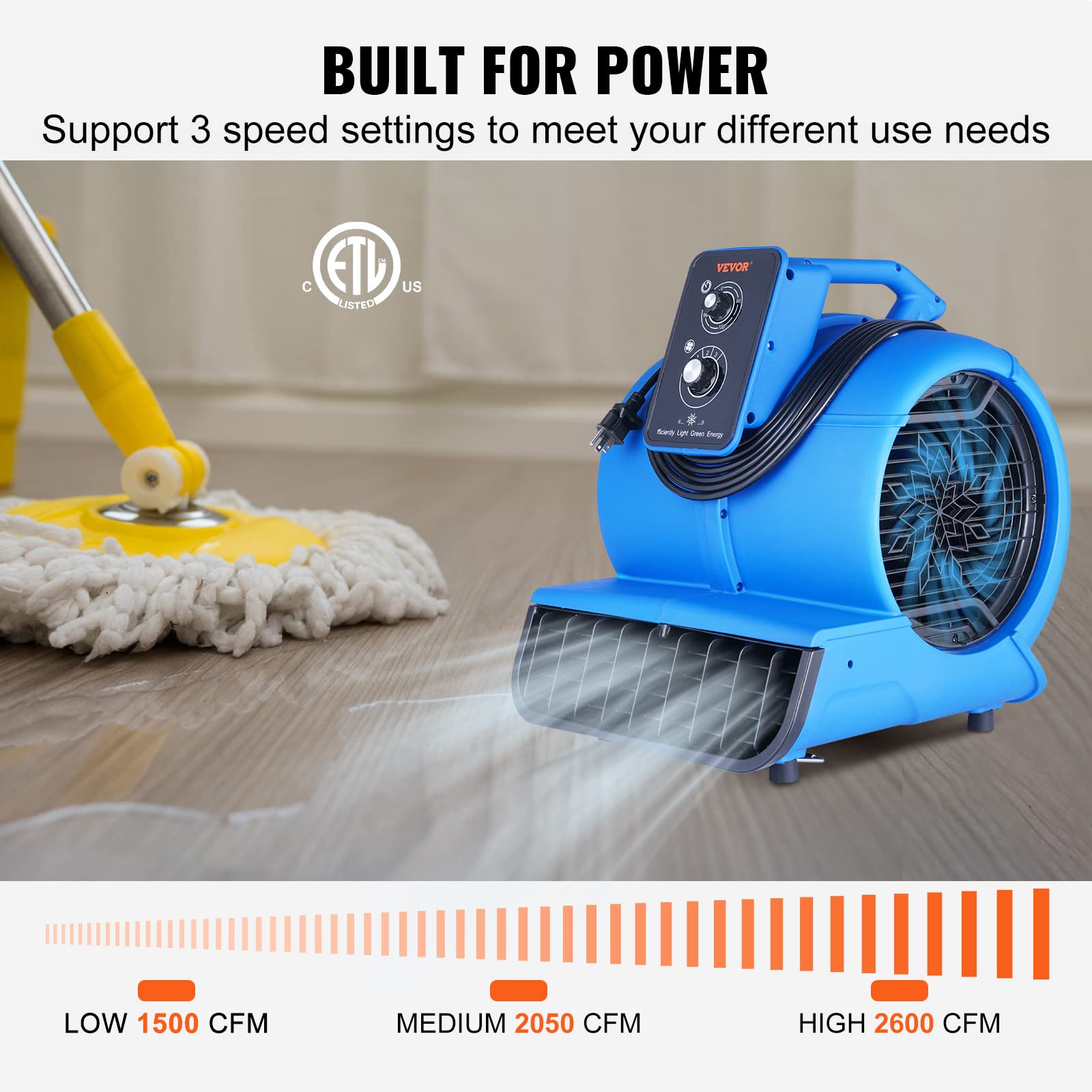 Vevor Air Mover, 1/2 Hp 2600 Cfm Carpet Dryer For Cooling And Ventilating, Portable Floor Blower Fan With 4 Blowing Angles And T