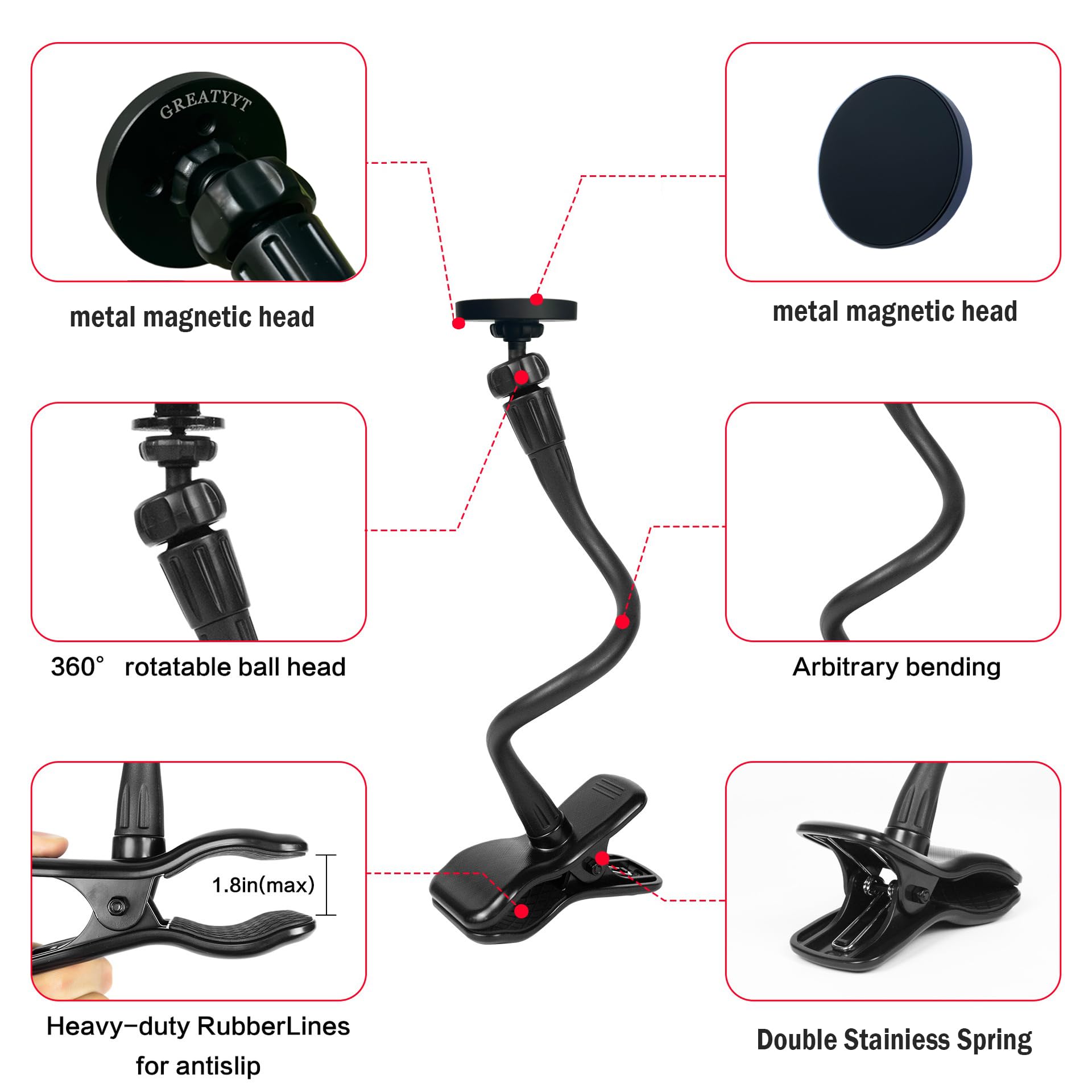 Greatyyt Magnetic Gooseneck Phone Holder Clamp Mount For Magsafe,Cell Phone Clamp Clip For Guitar, Bass, Desk, Pole, Magnet Phon