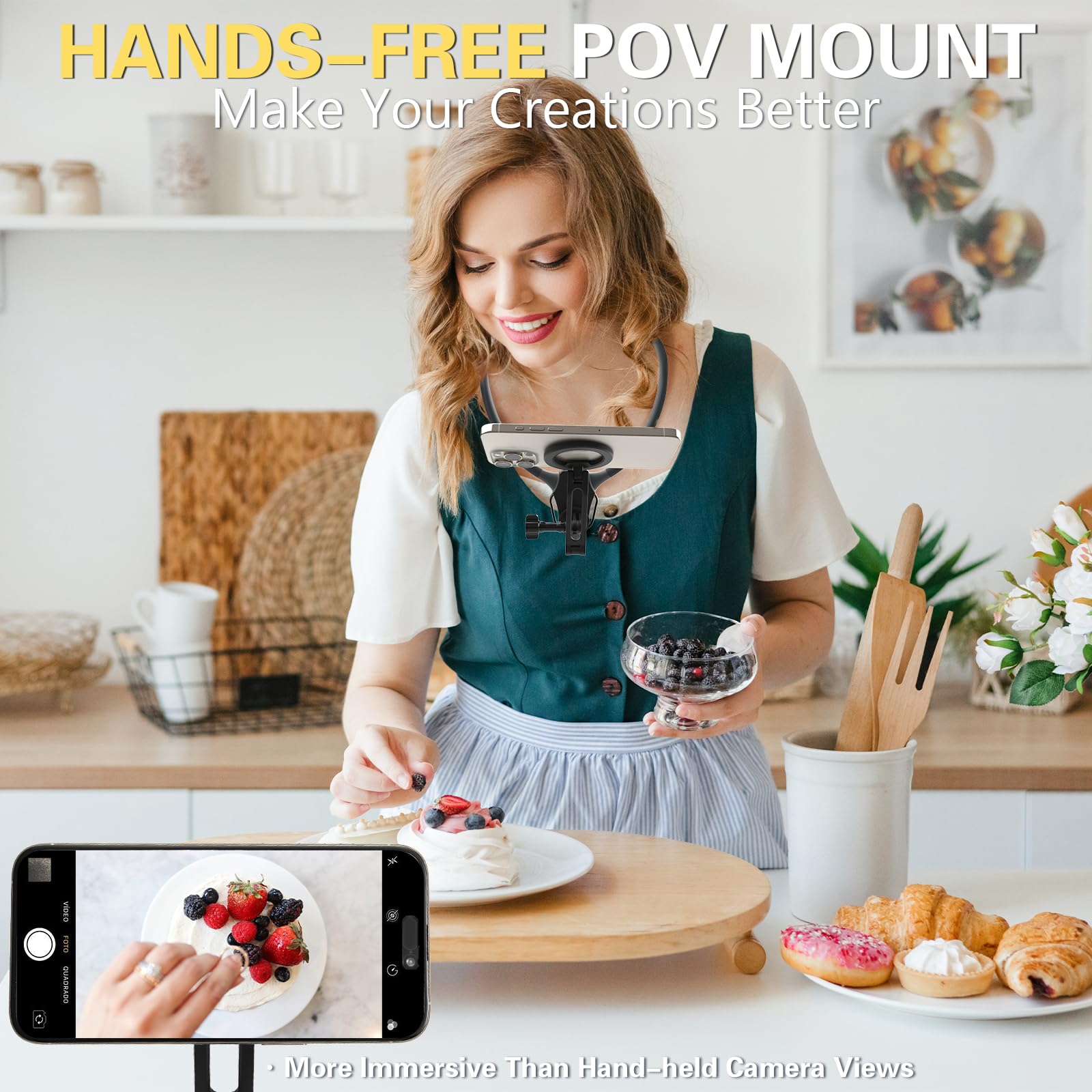 Beviliu Magnetic Neck Phone Holder For Recording, Hands Free Pov/Vlog Neck Mount With Chest Strap, Video Filming For Cooking/Rid
