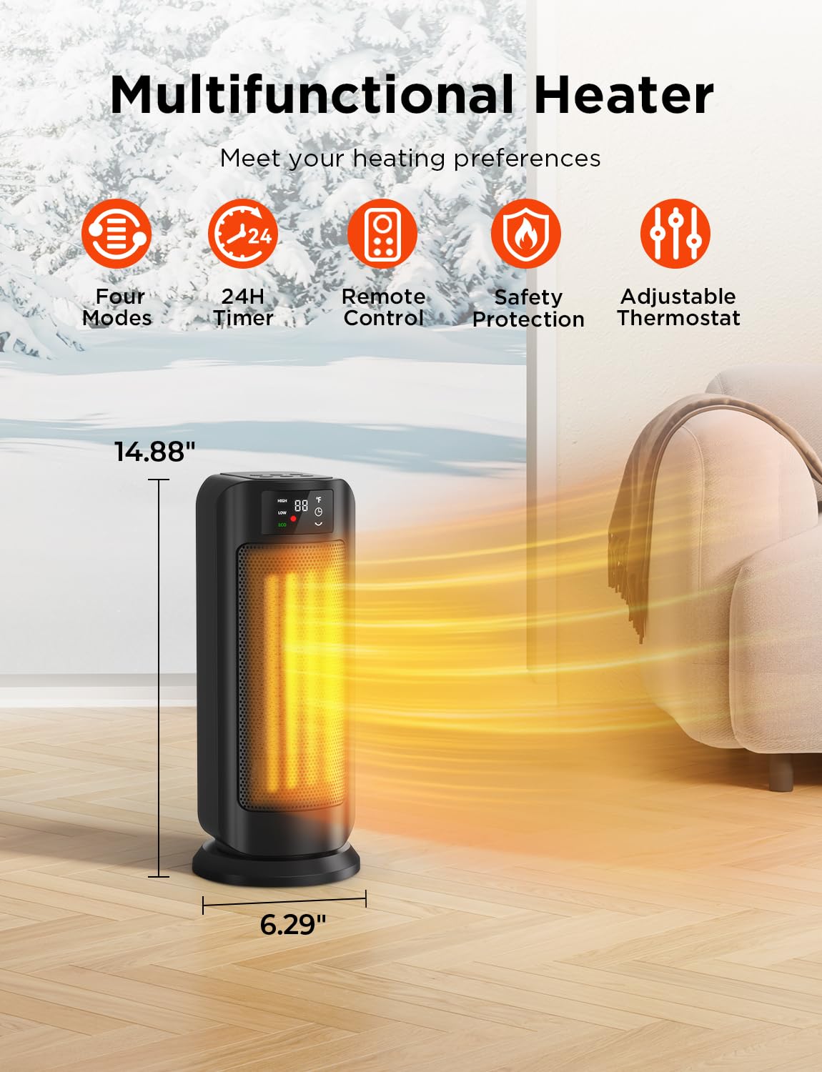1500W Portable Electric Space Heater, Fast Heating Ceramic Heaters For Indoor Use With Thermostat, 4 Modes,60 Oscillating,24H Ti