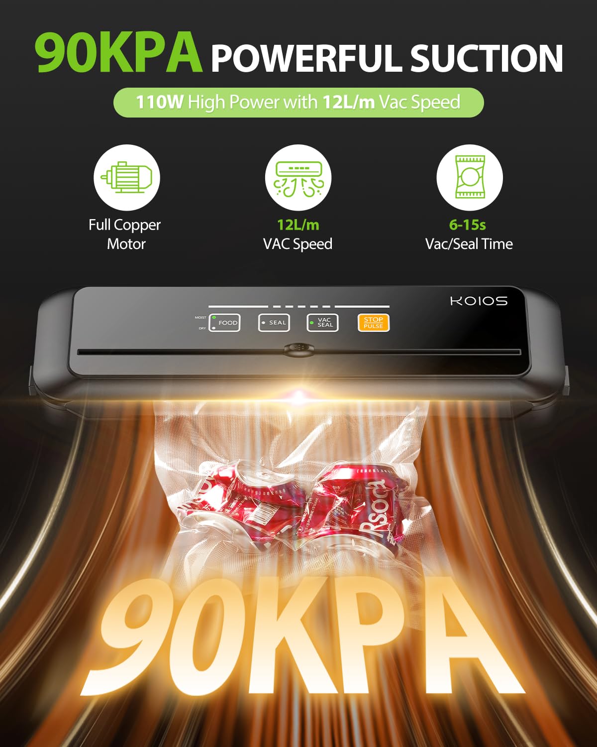 Koios Vacuum Sealer Machine, 90Kpa Automatic Vacuum Air Food Sealer/Built-In Cutter Starter Kit, Dry & Moist Food Preservation M