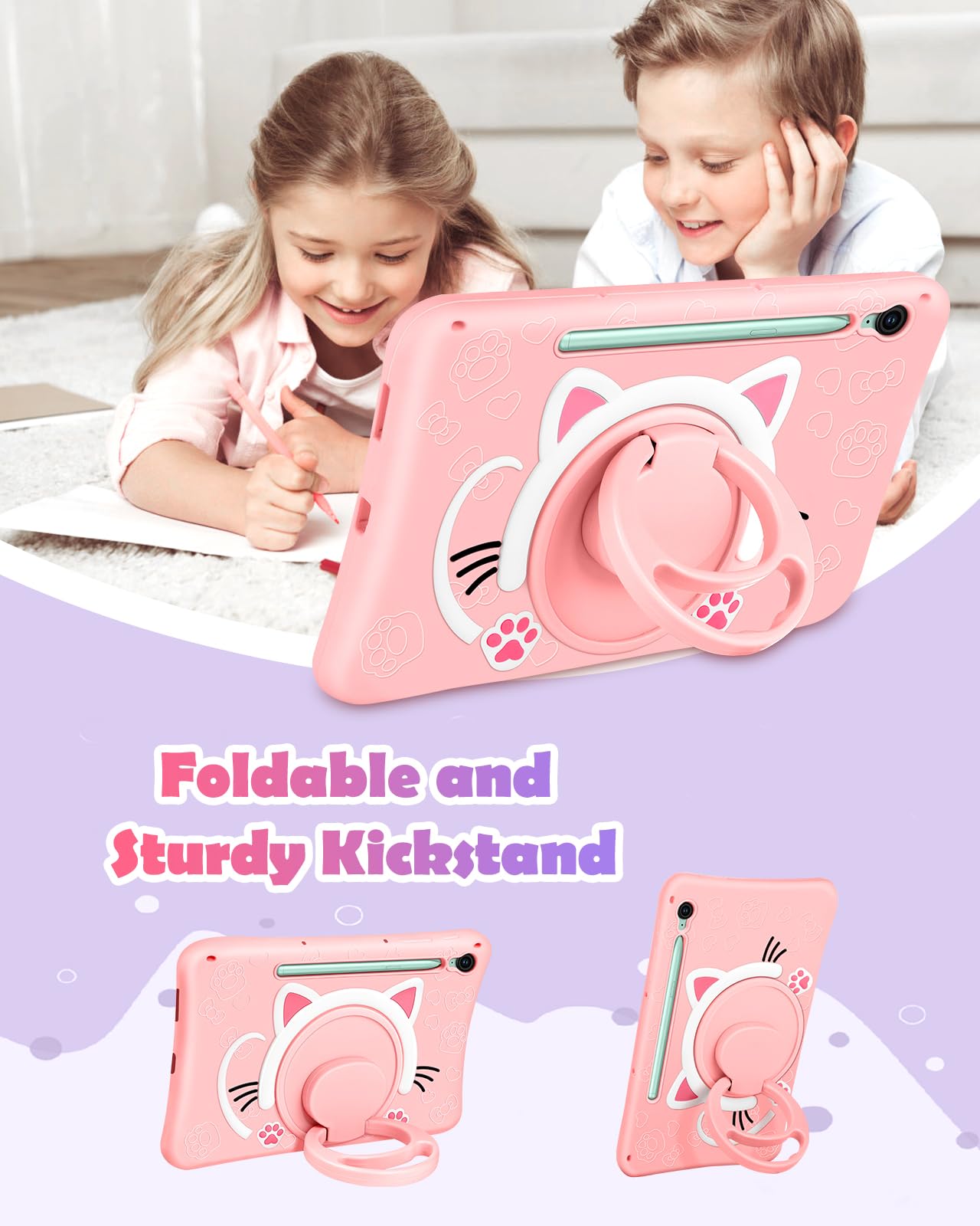 Wazzasoft For Samsung Galaxy Tab S9 Fe 5G Case 10.9 Inch Girls Cute Cat Kawaii Cover Girly 3D Cartoon Women Kitten With Rotating