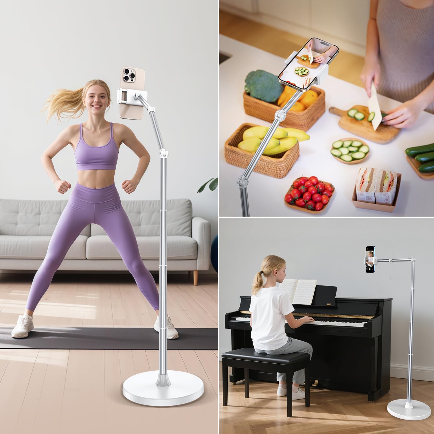 Overhead Phone Mount Floor Phone Holder Stand, Tripod For Recording Cooking Videos, Bedside Adjustable Arm Reading Stand, 360 Ro