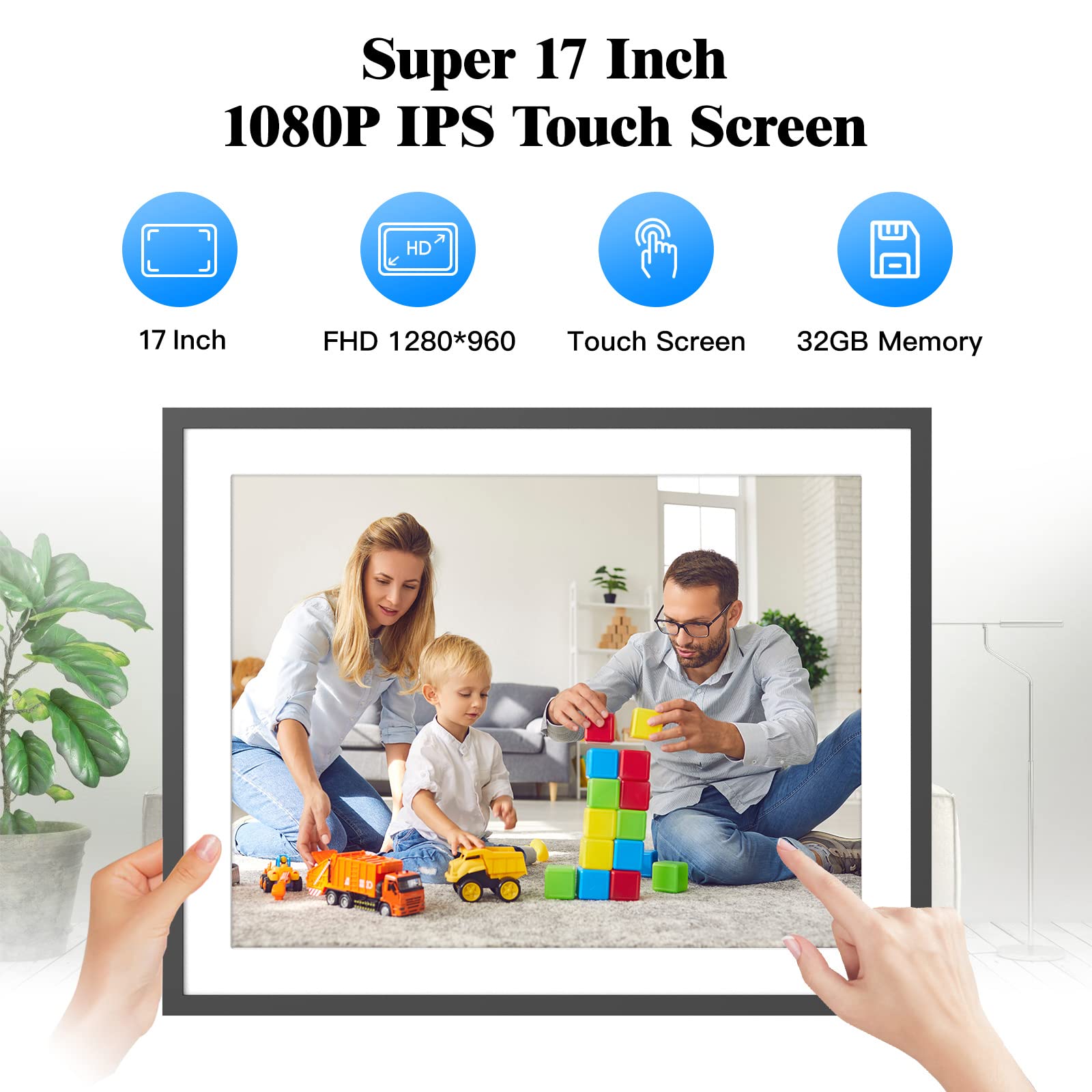 Large Digital Photo Frame 32Gb Electronic Photo Frame   17 Inch Dual Wifi Cloud Frame, Fhd Touch Screen, Full Function, Auto Rot