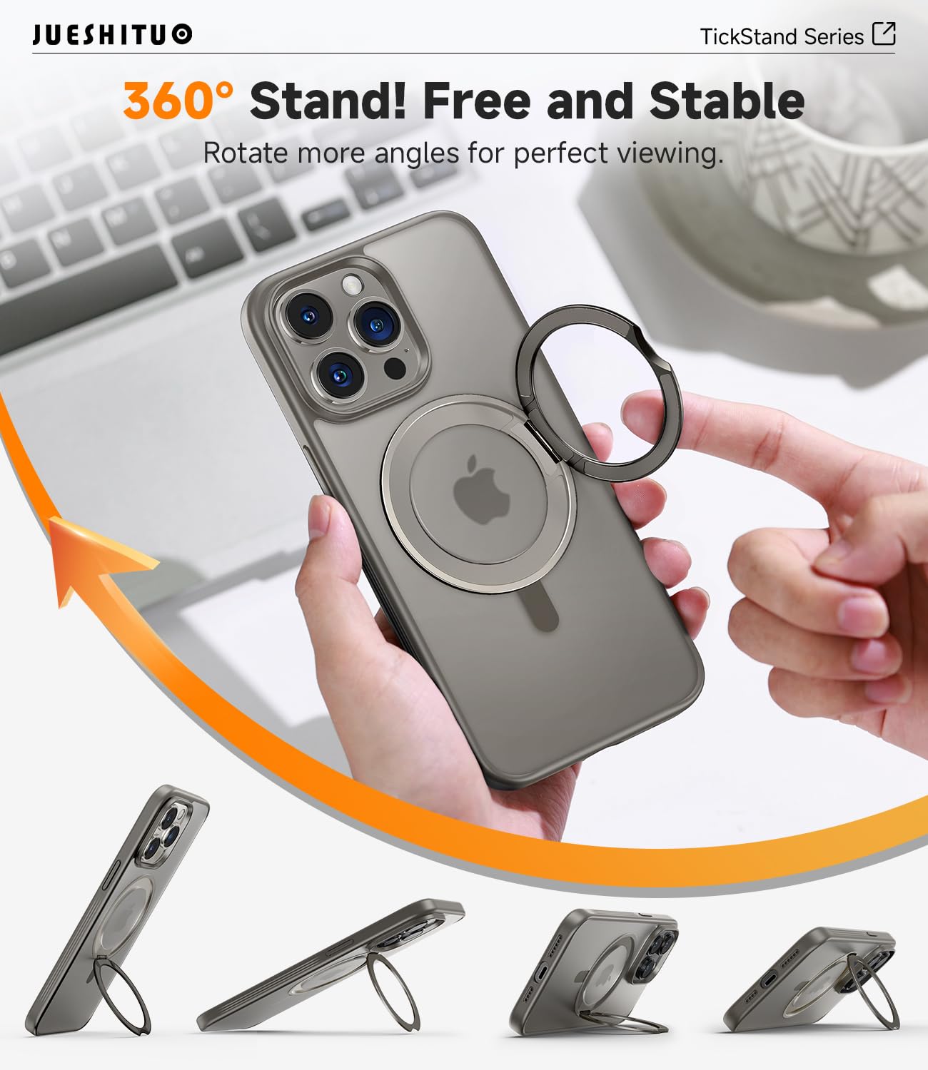 Jueshituo For Iphone 15 Pro Case: 360Rotatable Magnetic Ring Stand & Holder With [Rotary Damping Sound], Fit For Magsafe, Milita