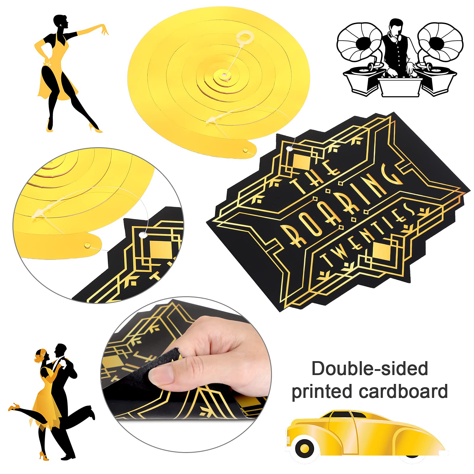 30 Pieces Roaring 20S Swirls Party Decorations, Black Gold Birthday Party Hanging Spirals Streamer Retro Decor For Anniversary B