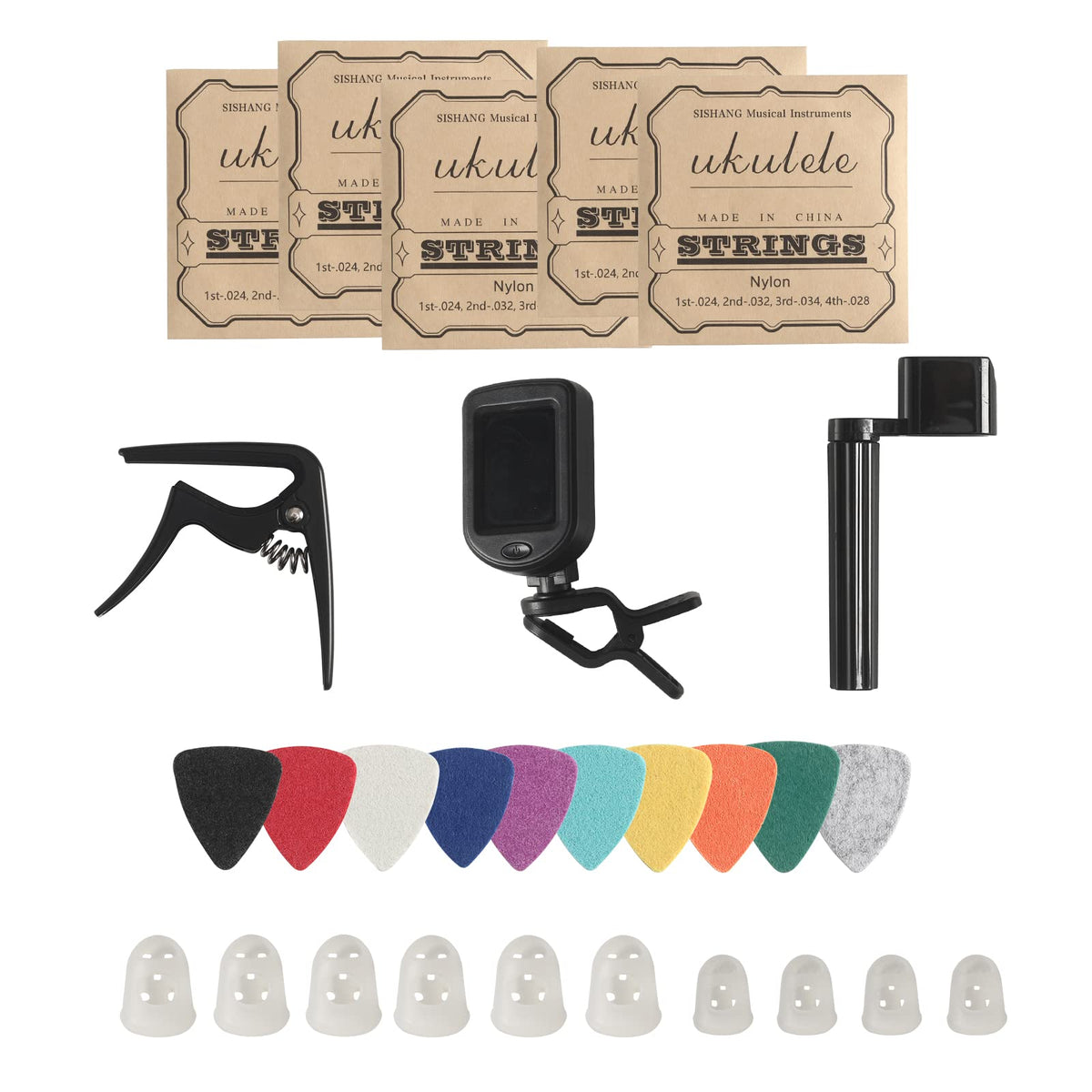 Ukulele Strings Accessories Kit, Nylon Ukelele Strings Set, Tuner, Felt Picks, Capo, Finger Protectors,String Winder For Soprano