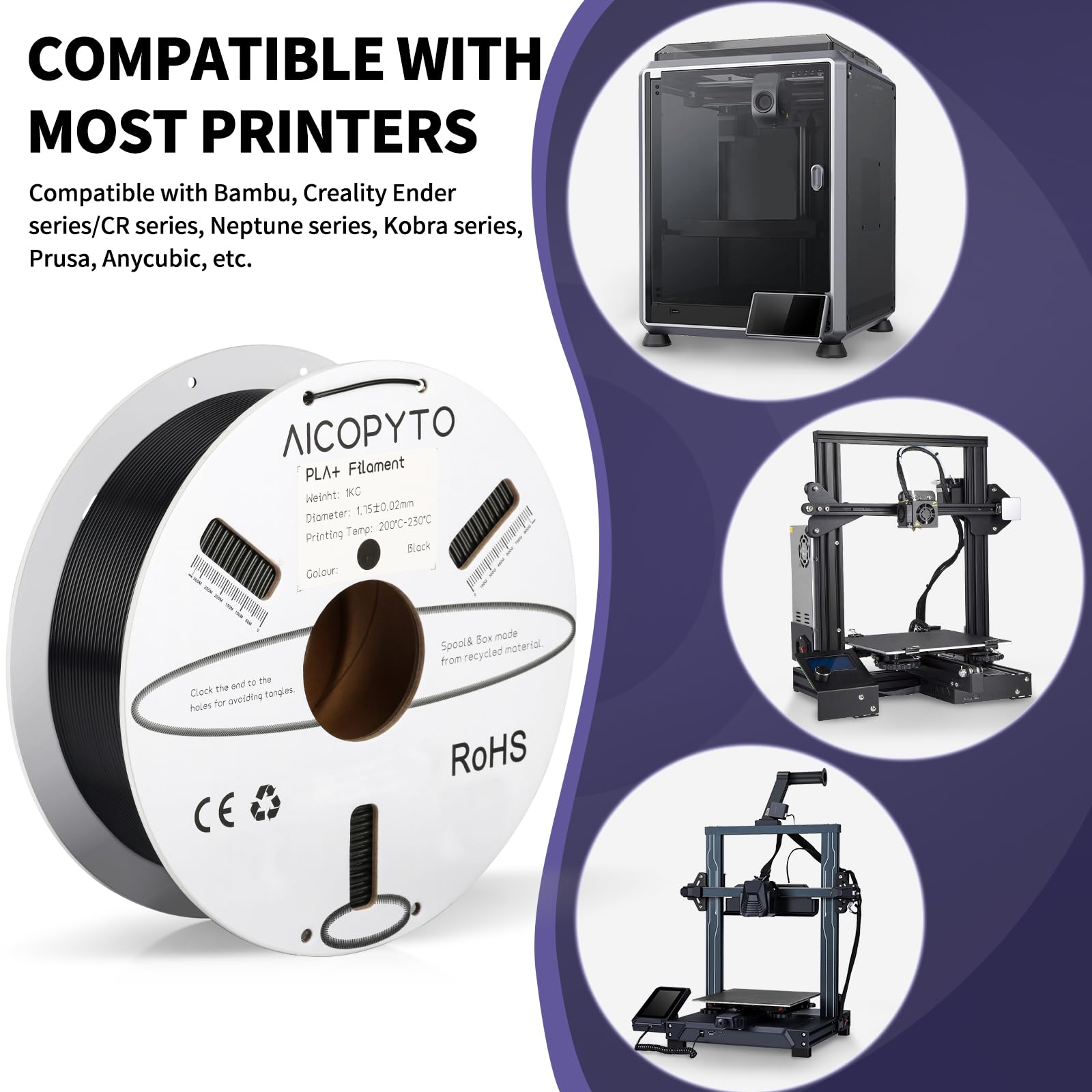 Aicopyto Pla Plus(Pla+) Filament 1.75Mm, Tougher And Stronger 3D Printer 1Kg Spool (2.2Lbs) Black Pla+ Filament Dimensional Accu