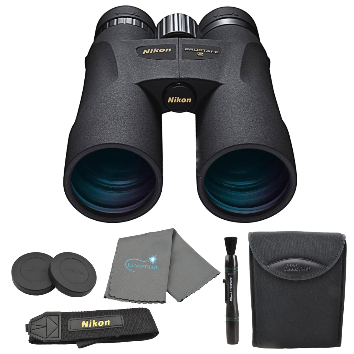 Nikon Prostaff 5 10X50 (7572) Black Binoculars Bundle With Lens Pen And Cleaning Cloth, Compact Binoculars For Adults For Huntin