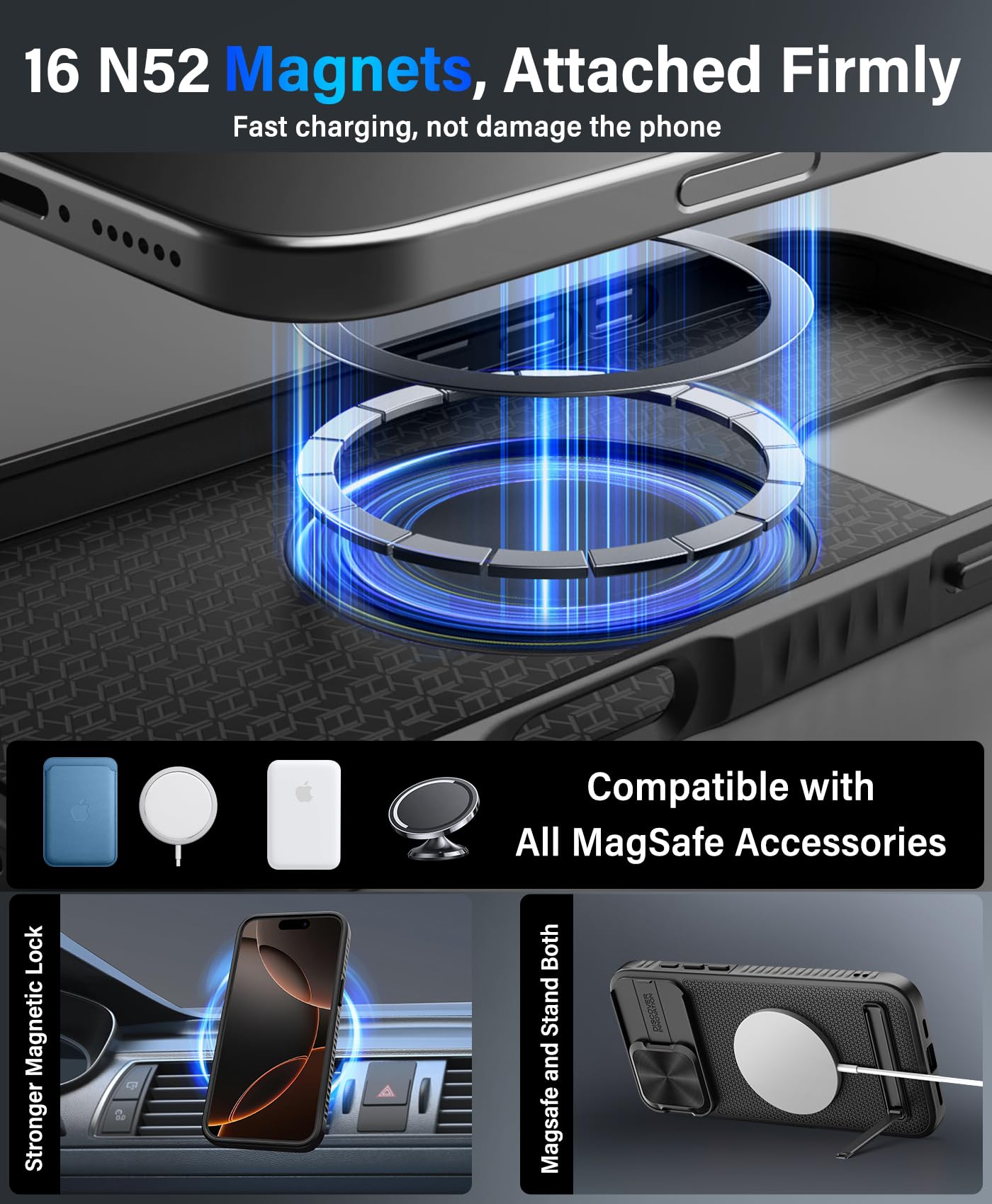 Vihibii For Iphone 16 Pro Max Magnetic Case With Kickstand, Built In Hd Screen Protector [2 Pack] & Slide Camera Cover, [Compati