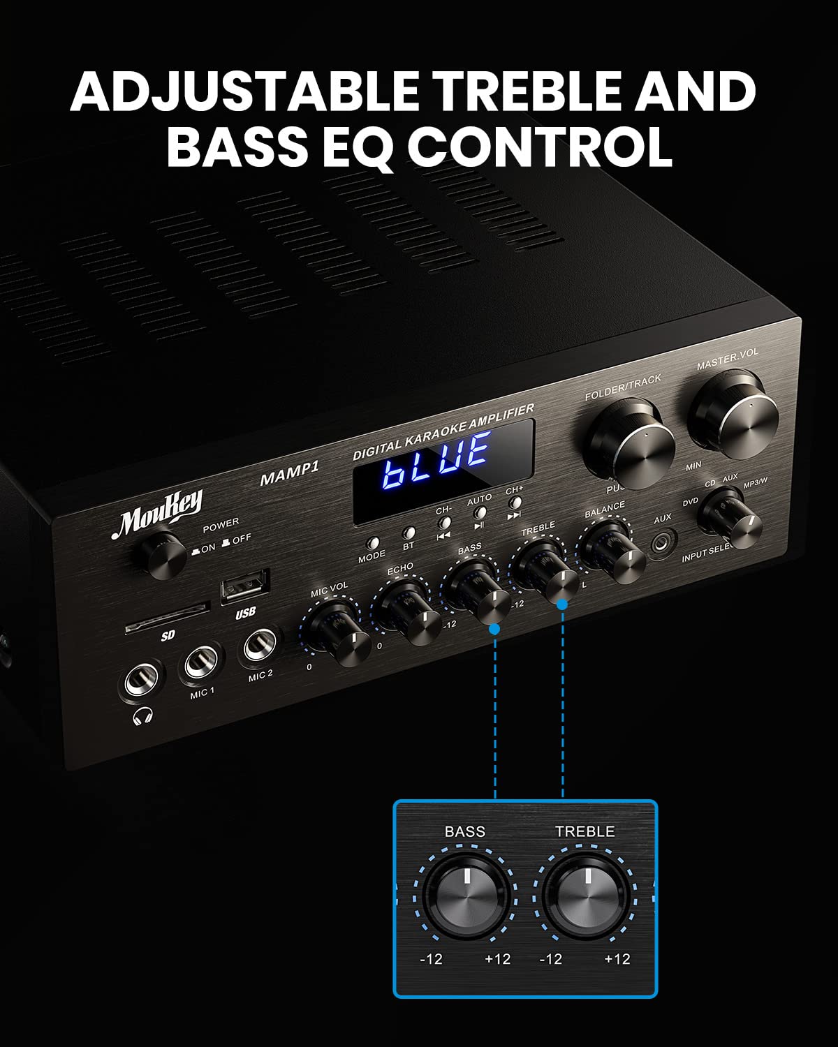 Moukey Stereo Receivers With Bluetooth 5.0, 400W 2.0 Channel Power Audio Amplifier Stereo System W/Usb, Sd, Aux, Rca, Mic In W/Echo, Led For Karaoke, Home Theater Speakers   Mamp1