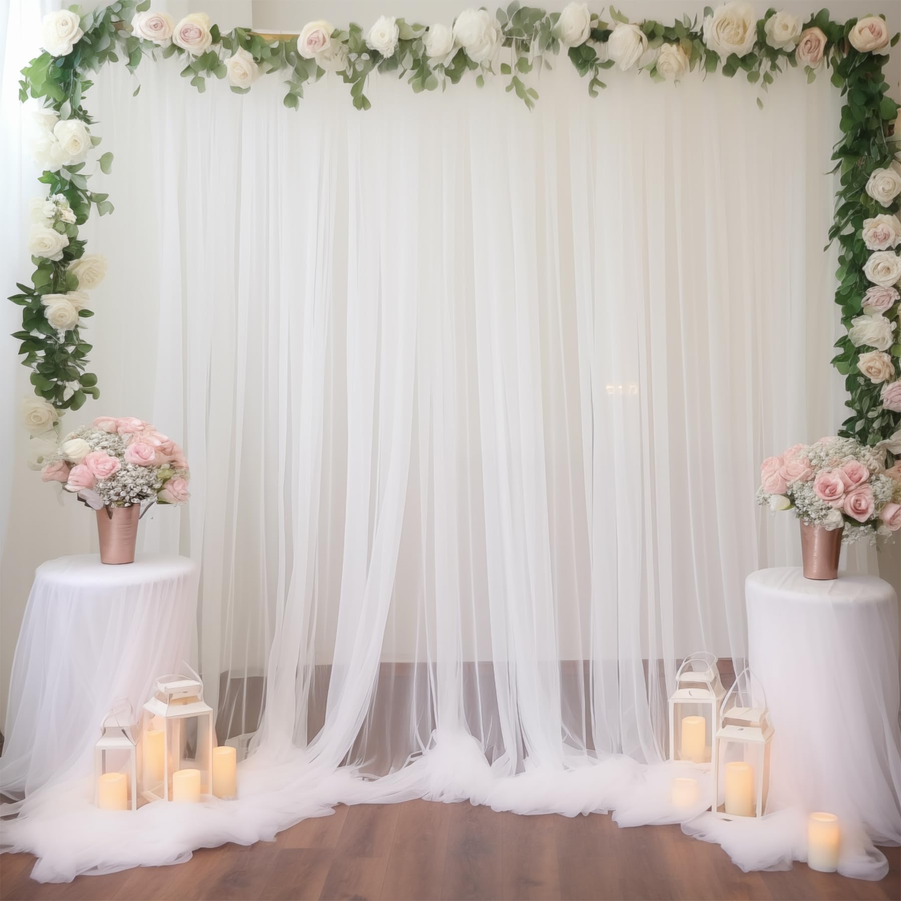 Wish Care 10X10 White Tulle Backdrop Curtains For Parties, Sheer Backdrop Curtain Wedding Photo Backdrop Drapes For Baby Shower