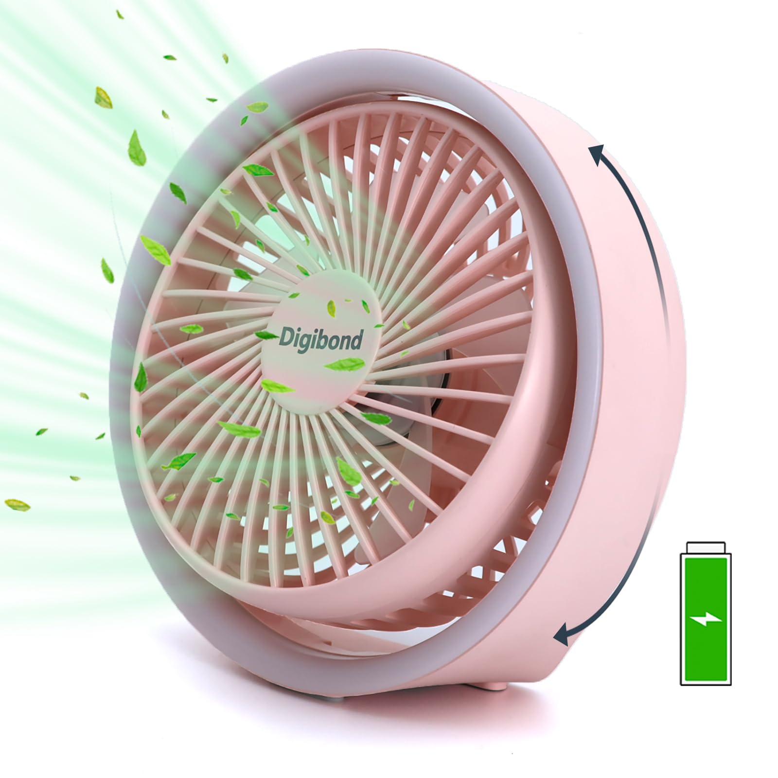 Digibond Pink Desk Fans Small Quiet With Ambient Light/Hook Portable Usb Fan 5.3In High Power 3000Mah Rechargeable Battery Opera