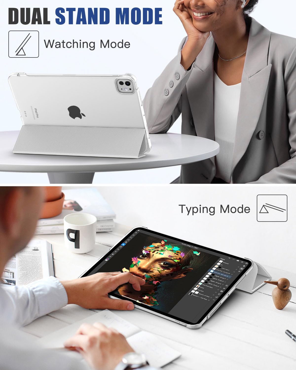 MoKo for iPad Pro 11 Inch Case M4 2024 (5th Gen), Ultra Slim Stand Case with Hard PC Translucent Back Shell Cover for iPad Pro 11'' 2024 Model (A2836/A2837/A3006), Support Apple Pencil Pro, White