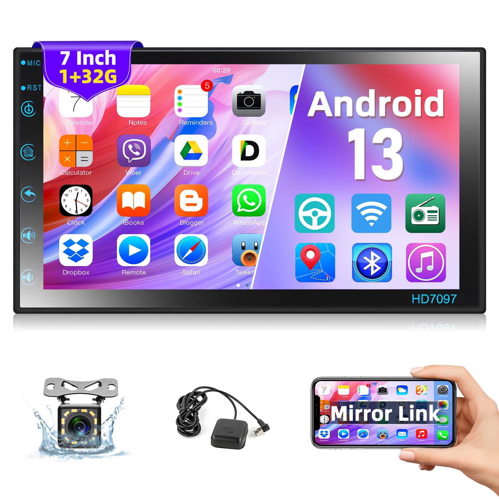 7 Inch Double Din Android 13 Car Stereo Touch Screen Car Radio With Bluetooth, Gps Navigation, Wifi, Mirror Link, Fm/Rds Radio/Aux In + Backup Camera