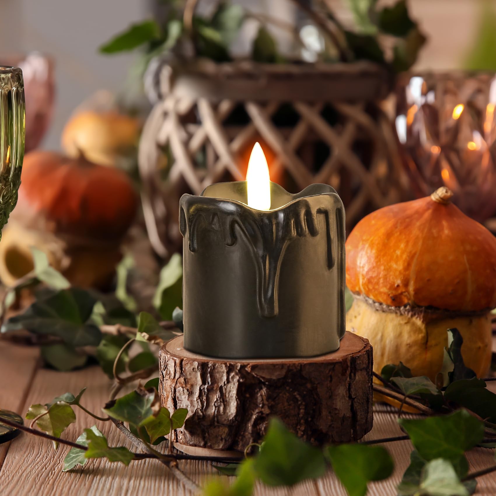 Eywamage Black Dripping Wax Halloween Flameless Candles With Timer Batteries, 2X2 In Flickering Led Votive Candles Set Of 6