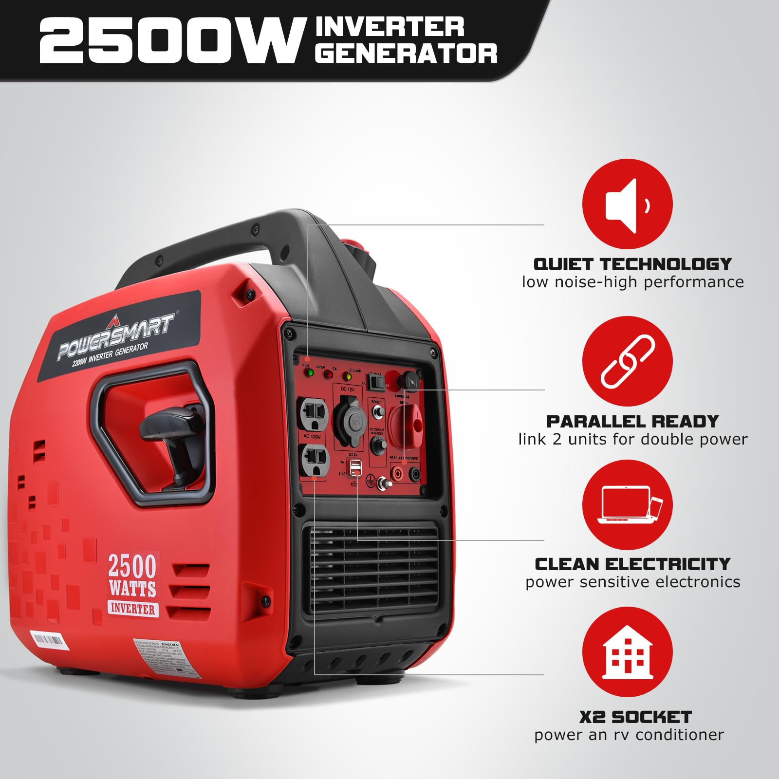 Powersmart 2500 Watt Gas Powered Portable Inverter Generator, Super Quiet For Camping, Tailgating, Home Emergency Use, Carb Comp