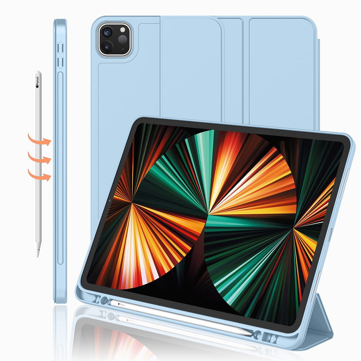 Imieet New Ipad Pro 12.9 Case 2022(6Th Gen)/2021(5Th Gen) With Pencil Holder [Support Ipad 2Nd Pencil Charging/Pair],Trifold Stand Smart Case With Soft Tpu Back,Auto Wake/Sleep(Sky Blue)
