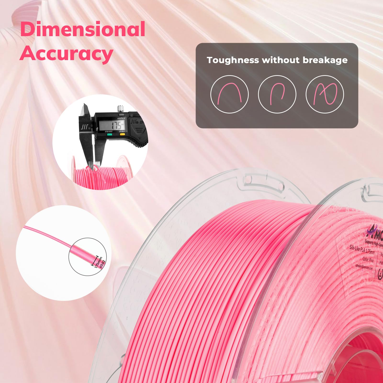 Amolen Silk Pla 3D Printer Filament, Shiny Silk Pink Pla Filament 1.75Mm, High Speed 3D Printing Pla Filament For Most 3D Printe
