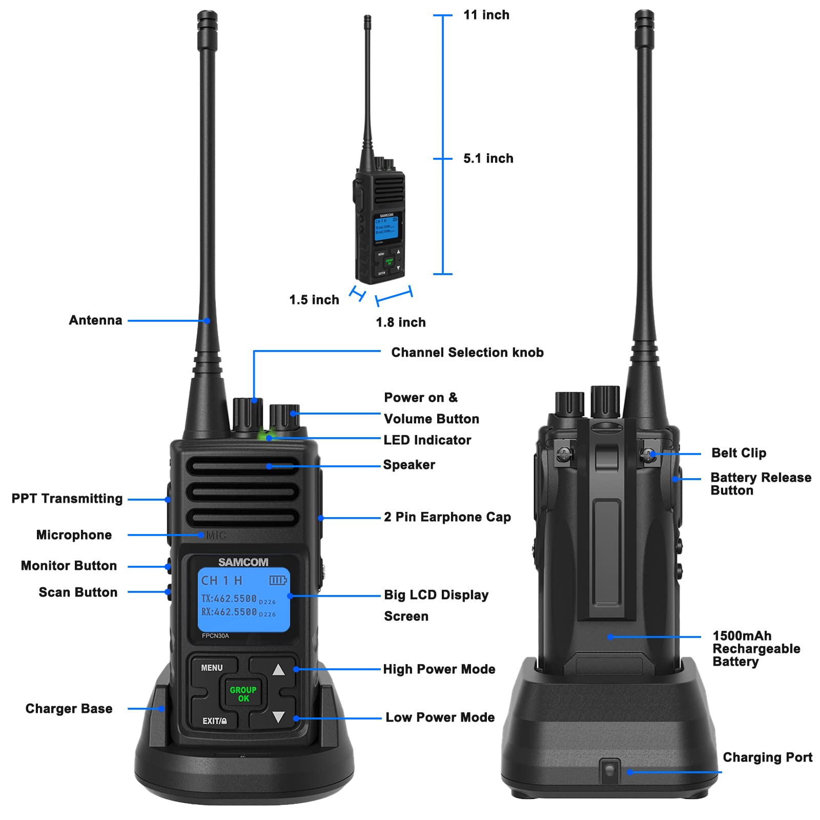 Samcom Walkie Talkies Rechargeable Long Range Two Way Radios With Earpieces,Samcom 2 Way Radios Uhf Handheld Transceiver Walky Talky With 1500 Li Ion Battery And Charger(1 Pack)