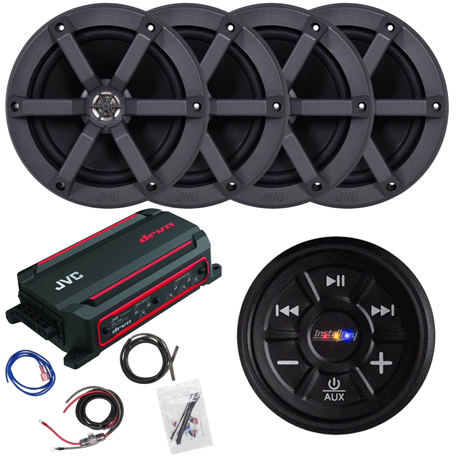 Jvc 4-Channel 600 Watt Max Compact Marine Digital Amplifier Bundle Combo With Waterproof Bluetooth Audio Receiver, 4X 6.5 100 Wa