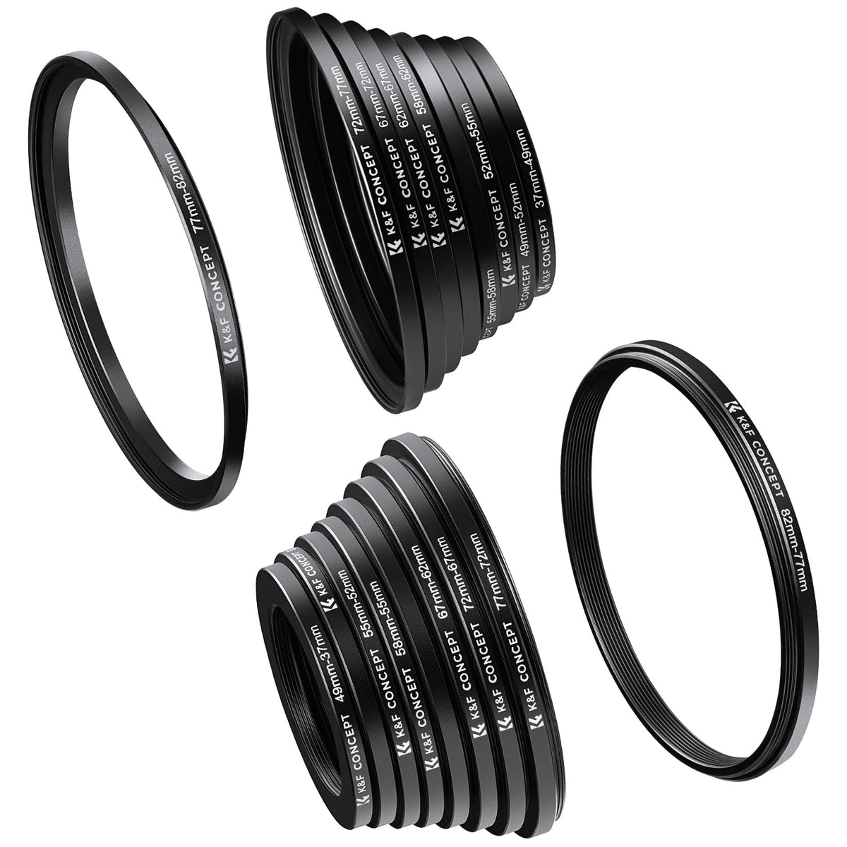 K&F Concept 18 Pieces Filter Ring Adapter Set, Camera Lens Filter Metal Stepping Rings Kit (Includes 9Pcs Step Up Ring Set + 9Pcs Step Down Ring Set) Black