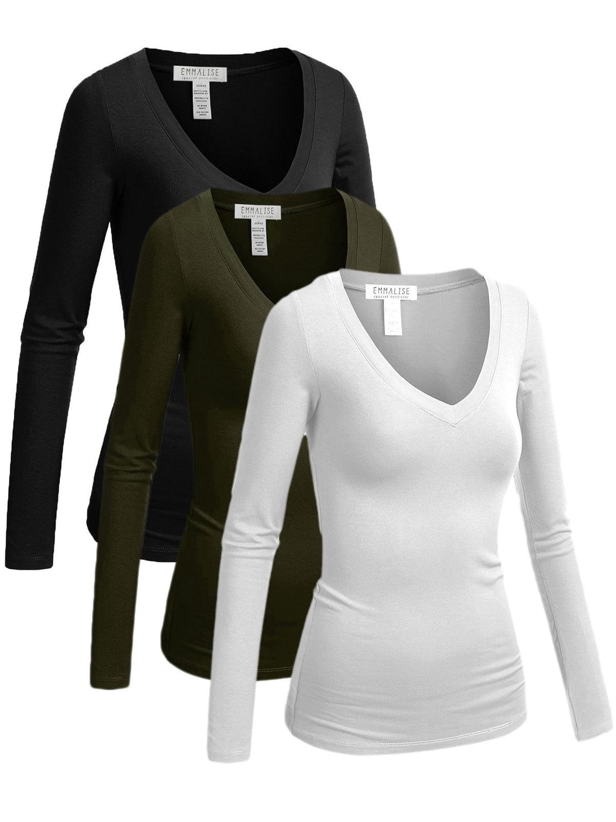 Emmalise Womens Junior And Plus Size Vneck Tshirt Long Sleeves Shirt Tee, Small, 3Pk Black, Olive, White