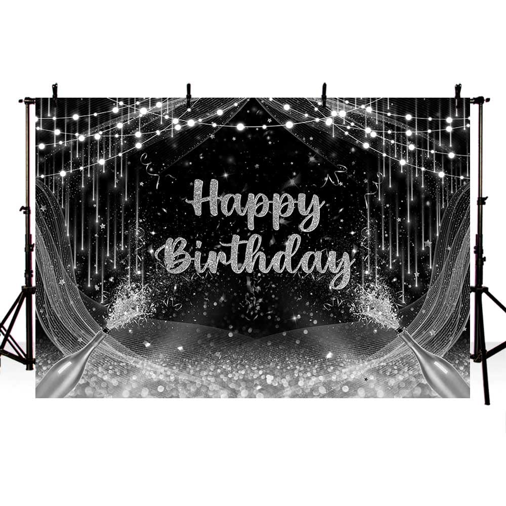 Aibiin 7X5Ft Black And Silver Birthday Backdrop Happy Birthday Photography Background Silver Glitter Birthday Prom Party Decorat