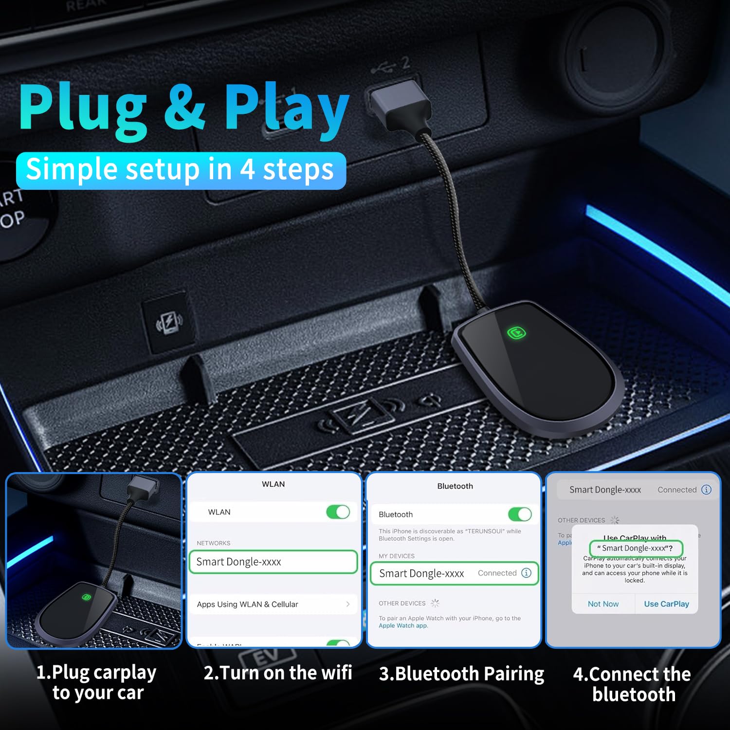 Ffqqi Carplay Wireless Adapter 2024 Upgraded, Converts Wired To Wireless Carplay Dongle, 4S Connection Plug & Play Car Play Wire